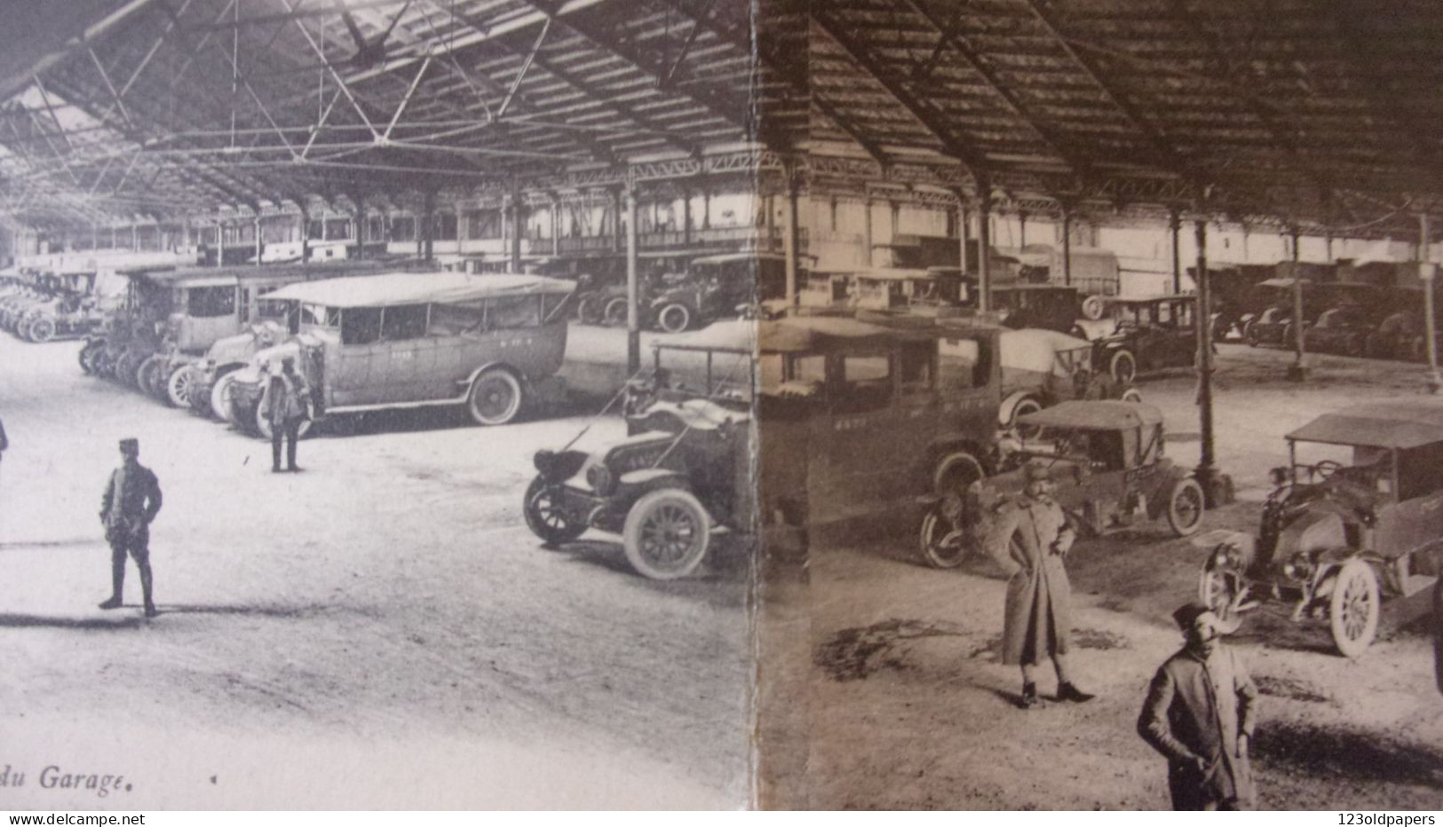 WWI PARIS MATERIEL MILITAIRE : PARC AUTOMOBILE D.T.M.175 - Intérieur Du Garage - CARTE PANORAMIQUE - Materiale