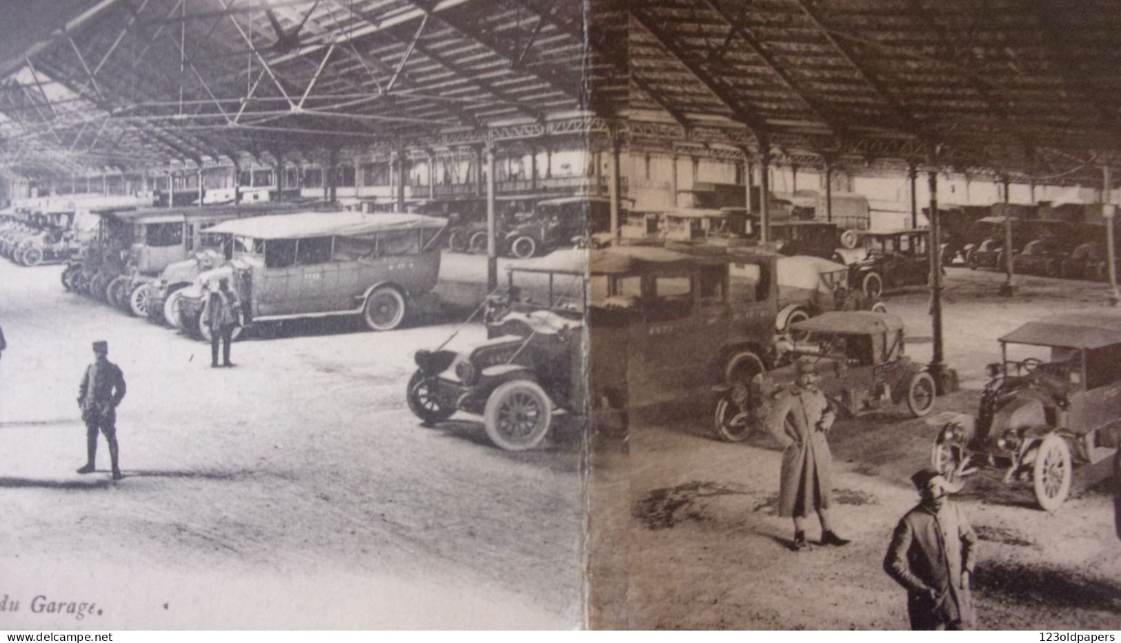 WWI PARIS MATERIEL MILITAIRE : PARC AUTOMOBILE D.T.M.175 - Intérieur Du Garage - CARTE PANORAMIQUE - Matériel