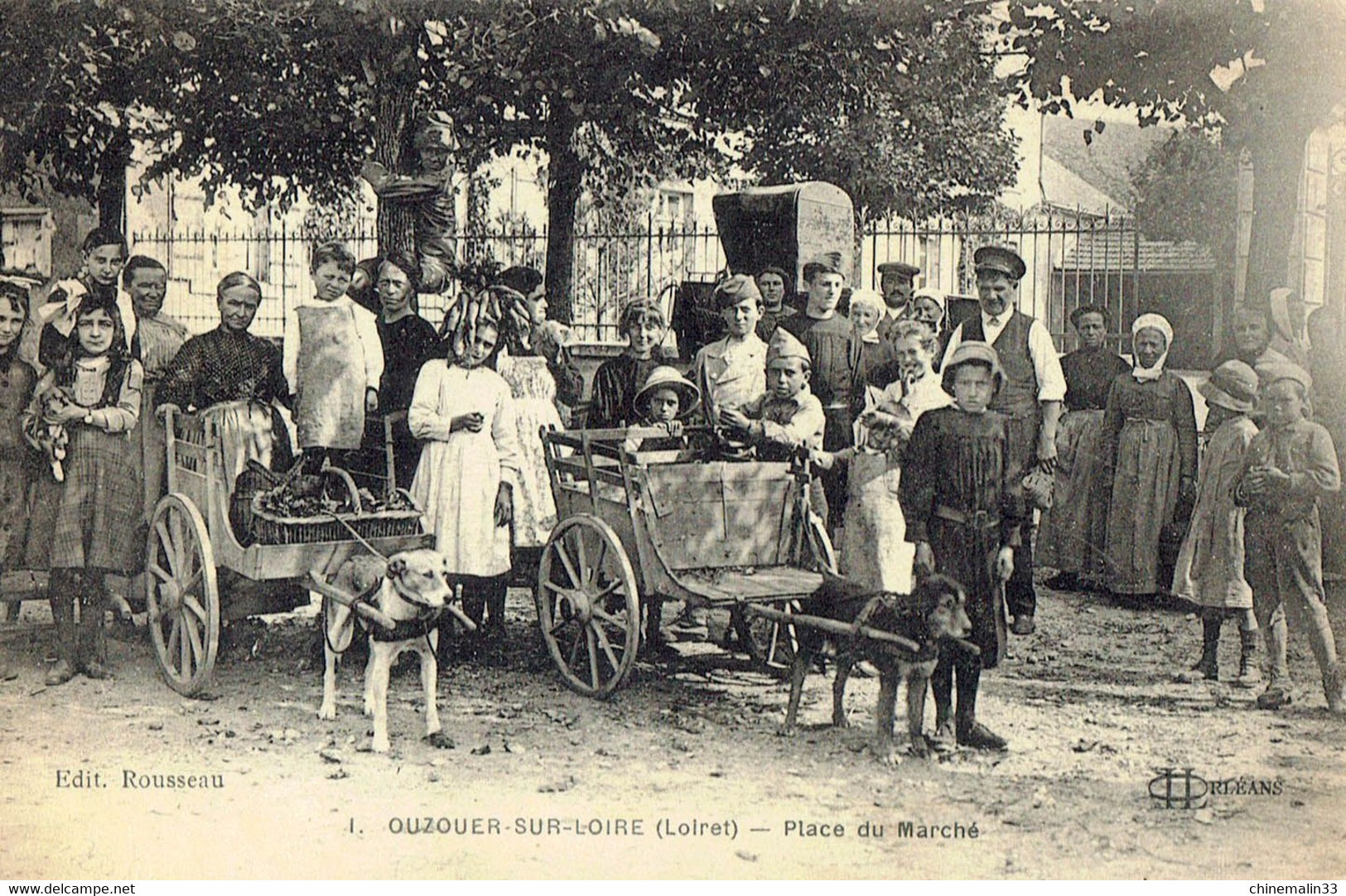 DEPT 45 OUZOUER SUR LOIRE  ATTELAGE DE CHIENS PLACE DU MARCHÉ BELLE  ANIMATION 9X14 REIMPRESSION DE CARTES ANCIENNES - Ouzouer Sur Loire