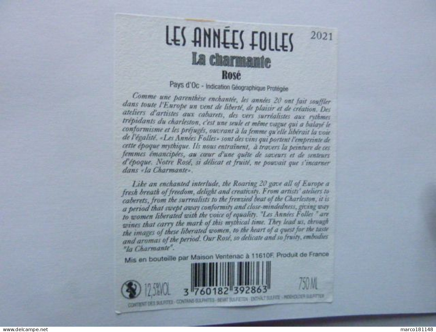 Les Années Folles - La Charmante - L'Esprit De Ventenac - Rosé - 2021 Pays D'Oc IGP - Vino Rosado