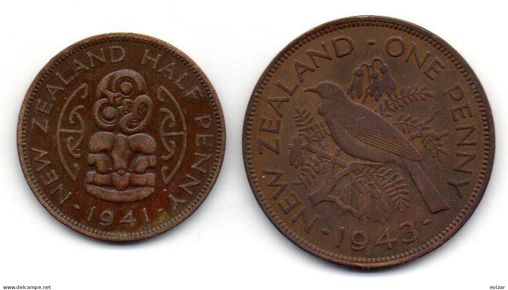 NEW ZEALAND, Set Of Two Coins 1/2, 1 Penny, Bronze, Year 1941, 1943, KM # 12, 13 - Nouvelle-Zélande