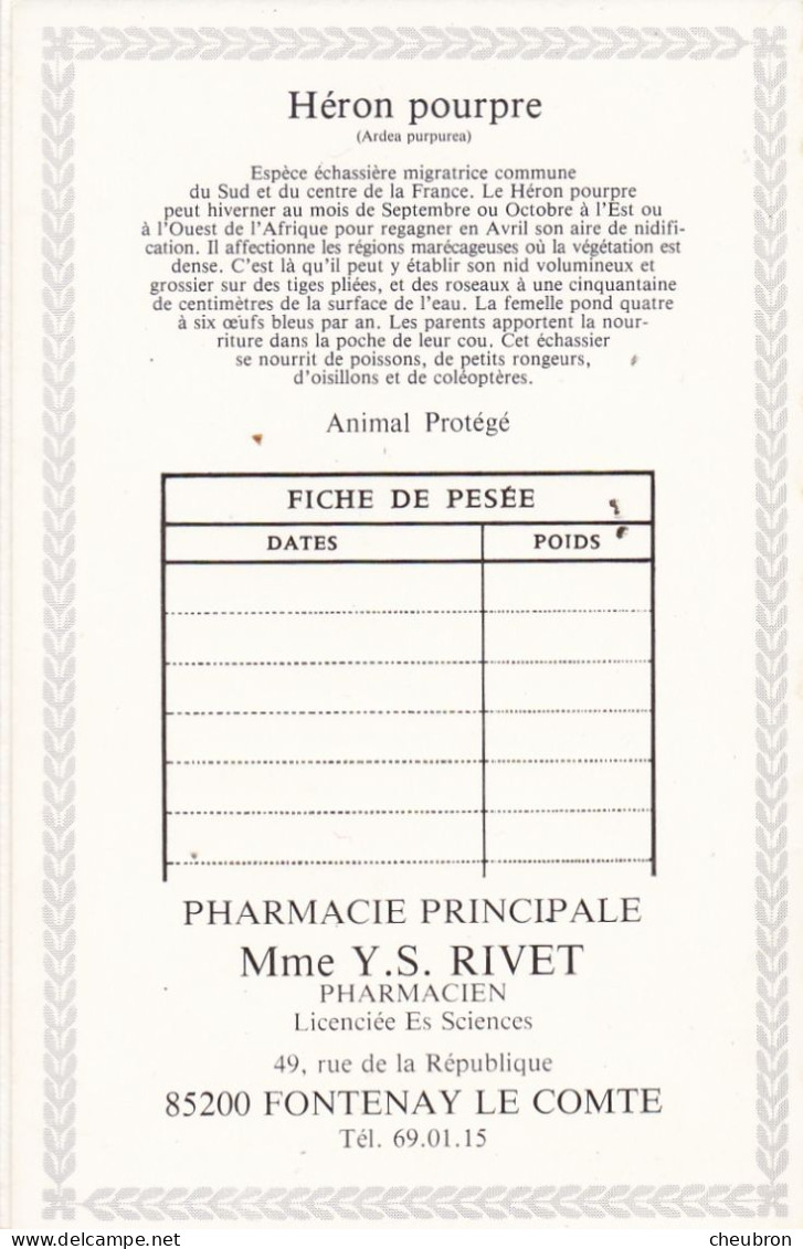 CALENDRIERS. FONTENAY LE COMTE (85). CALENDRIER 1981  " PHARMACIE RIVET " . PHOTO HERON POURPRE - Small : 1981-90