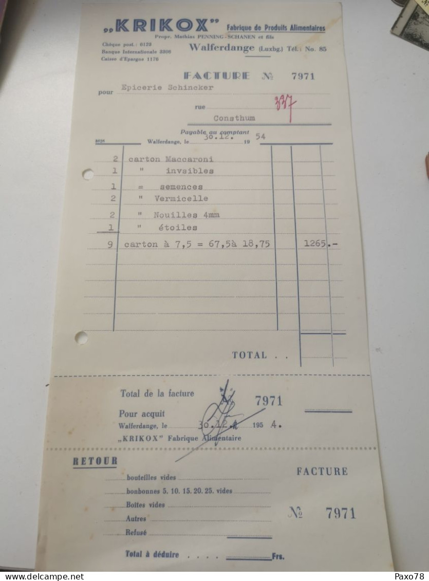 Luxembourg Facture, Produits Alimentaires Krikox, Walferdange 1954 - Luxembourg