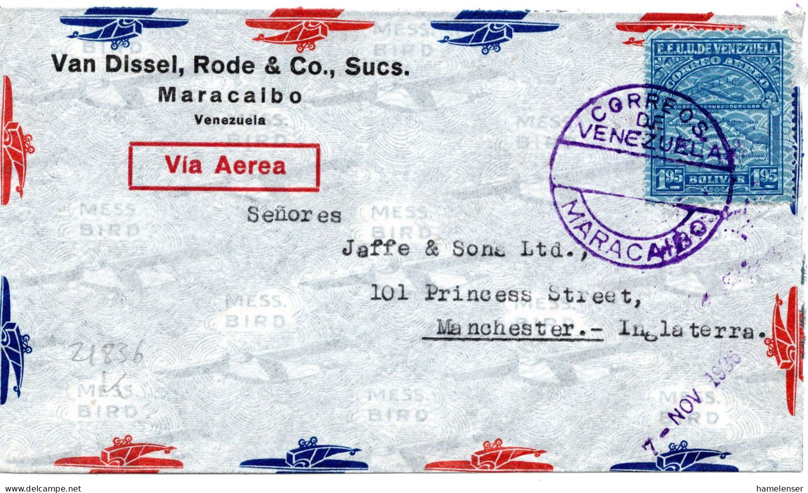 72432 - Venezuela - 1936 - 1,95B Luftpost Sicherheitsaufdruck EF A LpBf MARACAIBO -> Grossbritannien - Venezuela