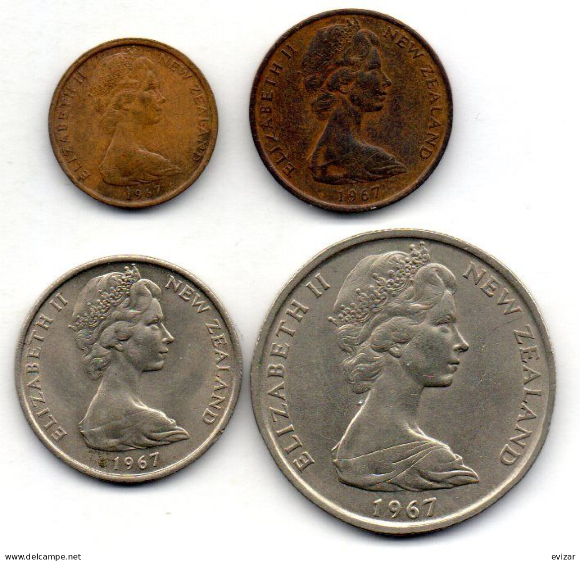 NEW ZEALAND, Set Of Four Coins 1, 2, 10, 50 Cents, Bronze, Copper-Nickel, Year 1967, KM # 31.1, 32.1, 35, 37.1 - Nouvelle-Zélande