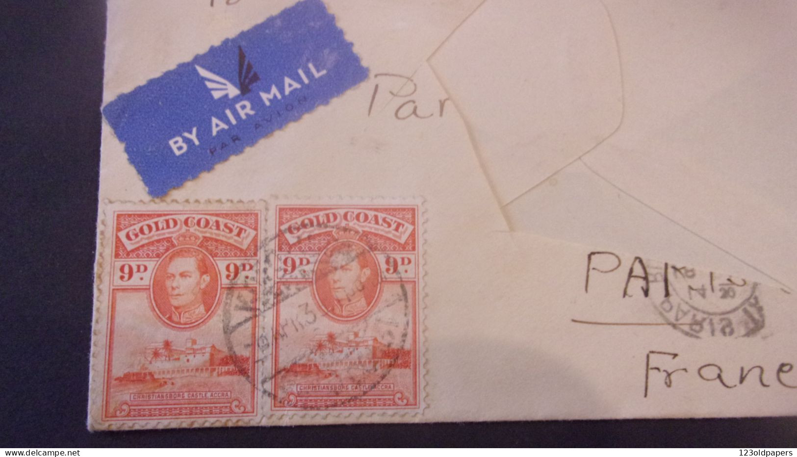 1936 BY AIR MAIL GOLD COAST 9 CHRISTIANSBORG ACCRA CACHET MARSEILLE GARE AVIATION GHANA - Gold Coast (...-1957)