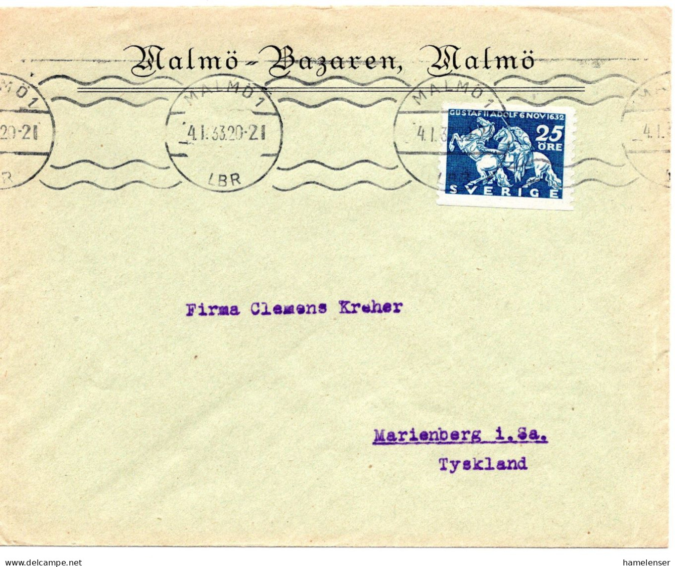 72438 - Schweden - 1933 - 25o Gustav Adolf EF A Bf MALMOE -> Deutschland - Storia Postale