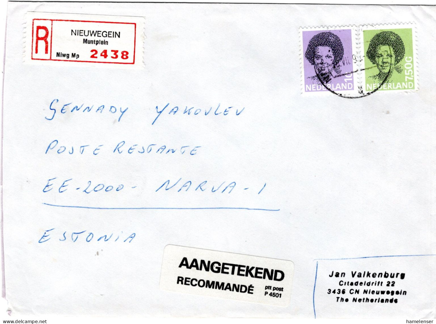72439 - Niederlande - 1993 - 7,50G Beatrix MiF A R-Bf NIEUWEGEIN -> NARVA (Estland), Rs Estn Aufkleber - Storia Postale