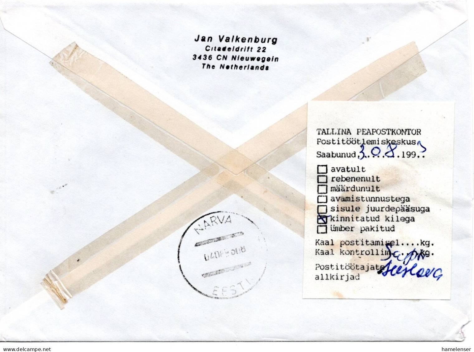 72439 - Niederlande - 1993 - 7,50G Beatrix MiF A R-Bf NIEUWEGEIN -> NARVA (Estland), Rs Estn Aufkleber - Lettres & Documents