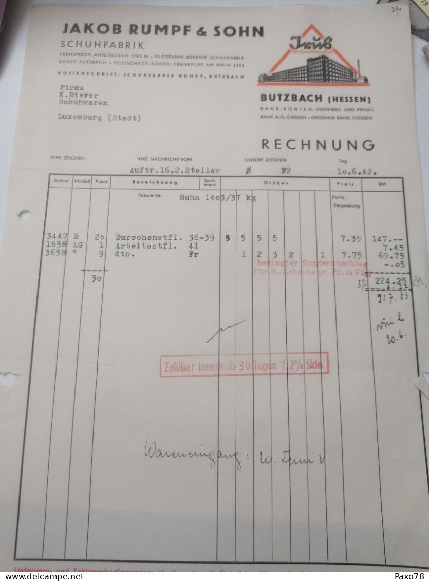 Rechnung Allemagne, Jakob Rumpf & Sohn, Butzbach 1942 - 1900 – 1949