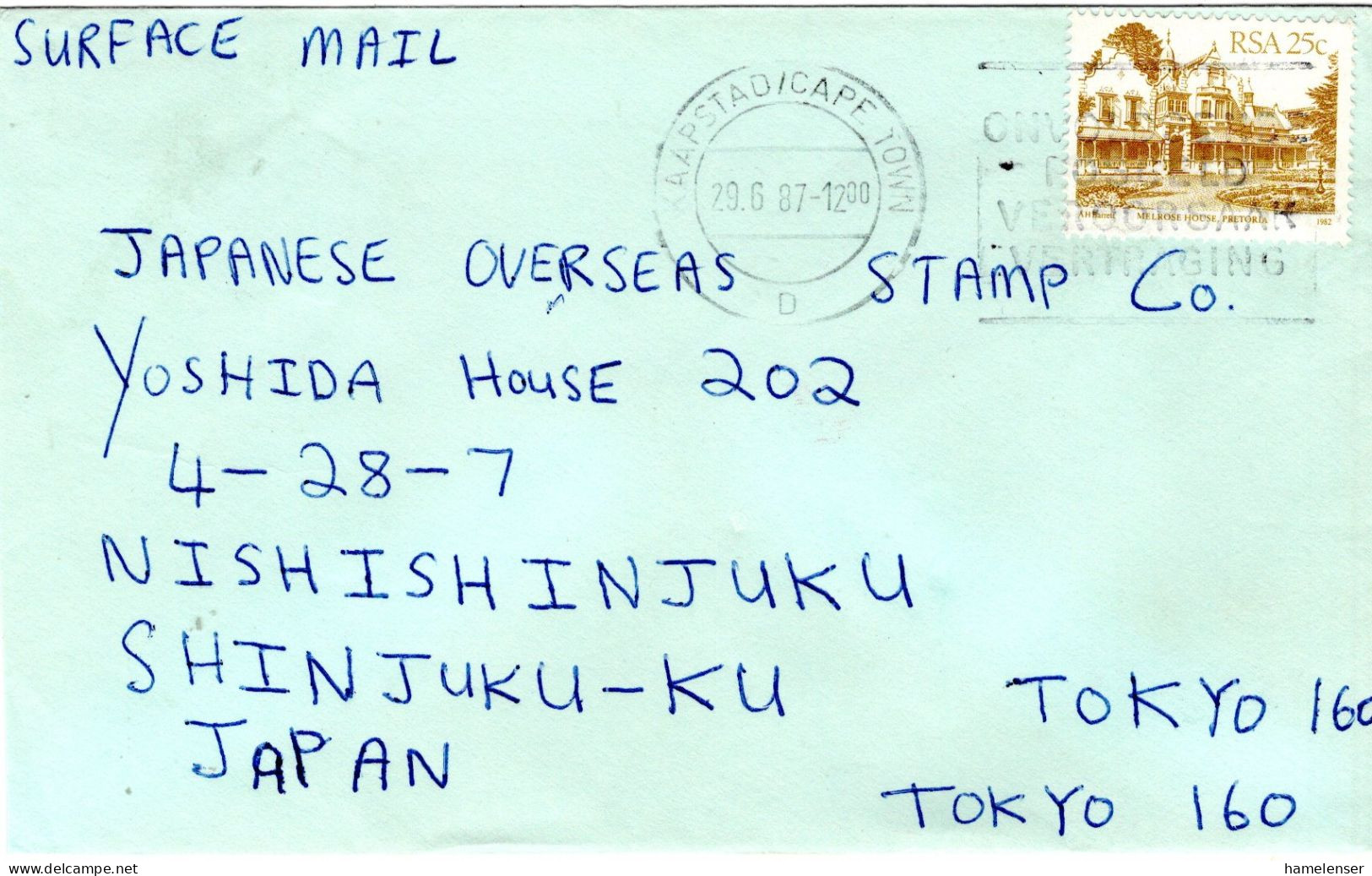 72440 - Südafrika - 1987 - 25c Gebaeude EF A Bf KAAPSTAD -> Japan - Cartas & Documentos