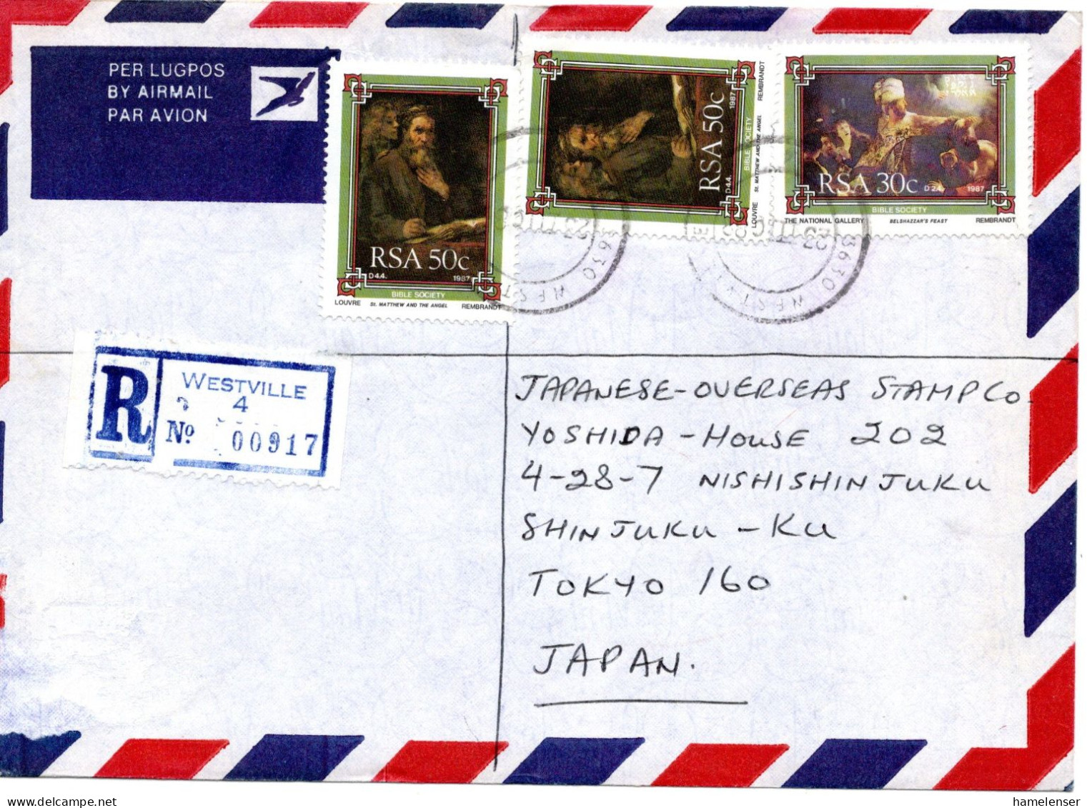 72441 - Südafrika - 1988 - 2@50c Rembrandt MiF A R-LpBf WESTVILLE -> Japan - Lettres & Documents