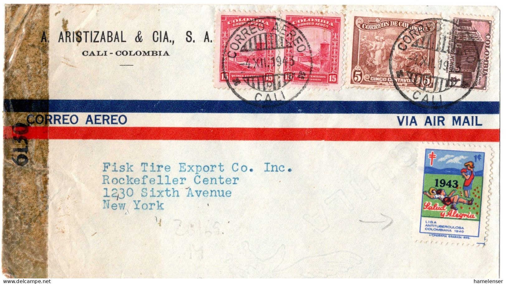 72443 - Kolumbien - 1943 - 2@15c Luftpost MiF A LpBf CALI -> New York, NY (USA), M US-Zensur & Tbc-Aufkleber - Kolumbien