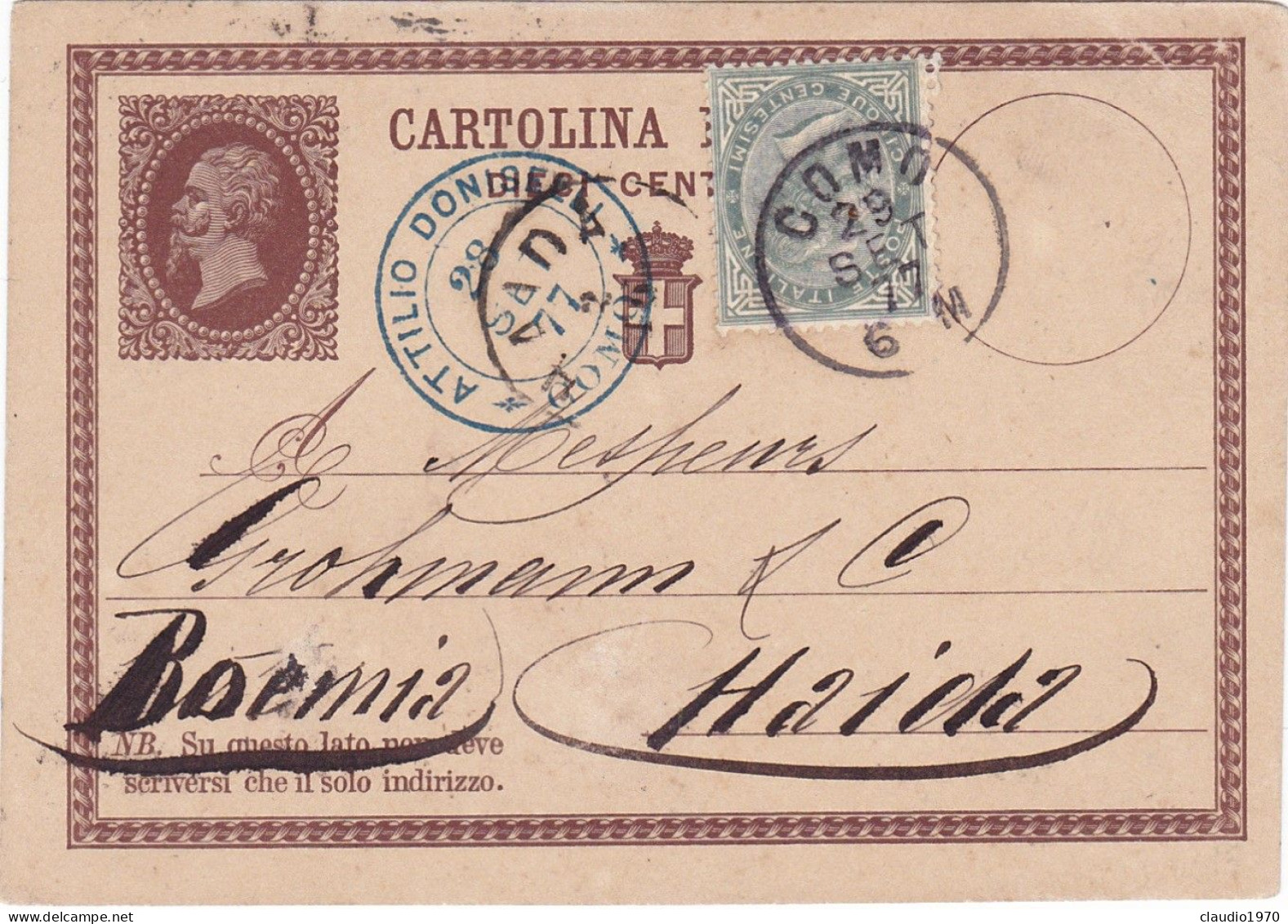 ITALIA - REGNO - COMO - INTERO POSTALE  C.10 - VG PER HAIDA (RE. CECA -1877 - C1B FR.LL C.5 (ESTERO) - Entero Postal