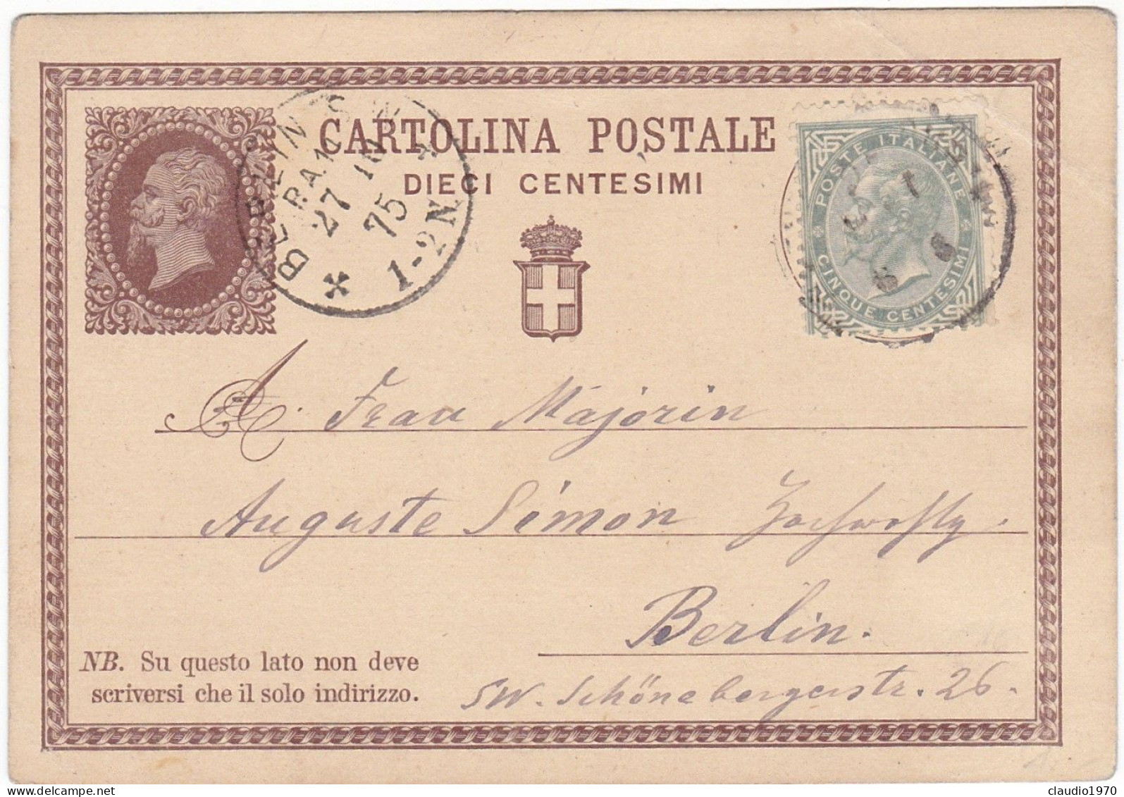 ITALIA - REGNO - COMO - INTERO POSTALE  C.10 - VG PER BERLIN -1875 - C1B FR.LL C.5 (ESTERO) - Entiers Postaux