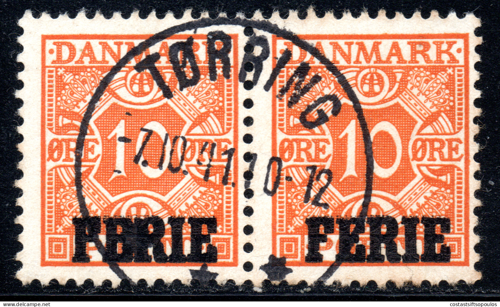 2158. DENMARK 10 O. VERY FINE PAIR FERIE OVERPR. - Steuermarken