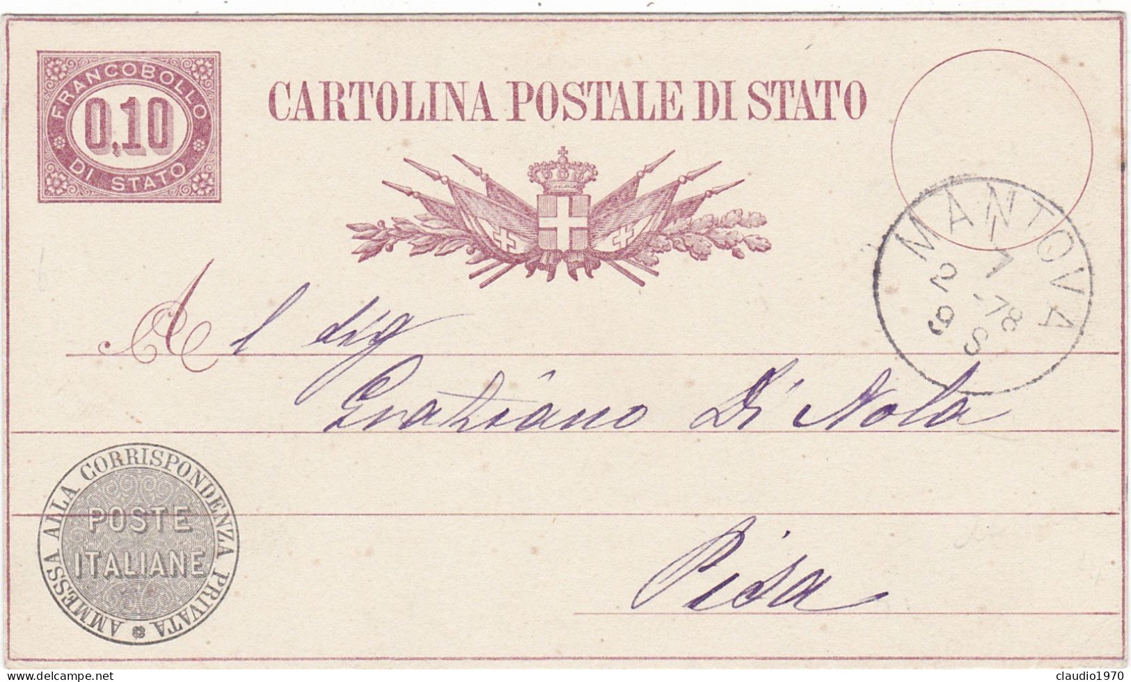 ITALIA - REGNO - MANTOVA - CARTOLINA POSTALE DI STATO C. 0.10 - VG PER PISA -1878 - Entiers Postaux