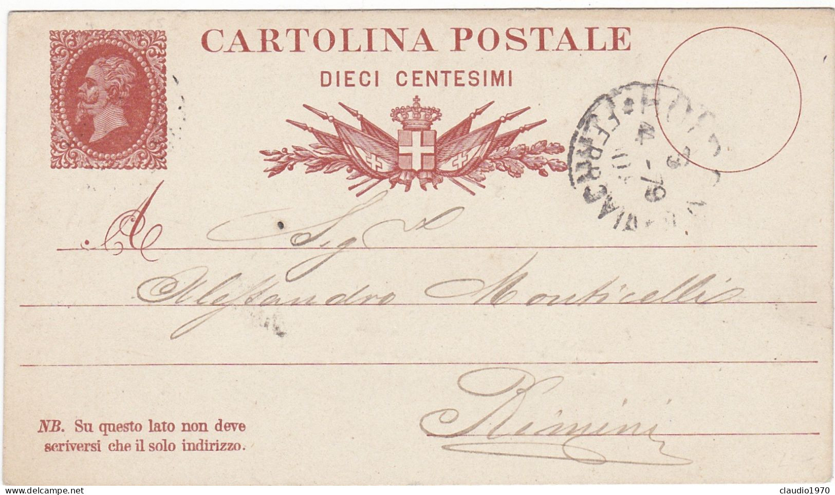 ITALIA - REGNO - BOLOGNA - CARTOLINA POSTALE  C. 10 EFFIGIE REALE - VG PER RIMINI - 1879 - Postwaardestukken