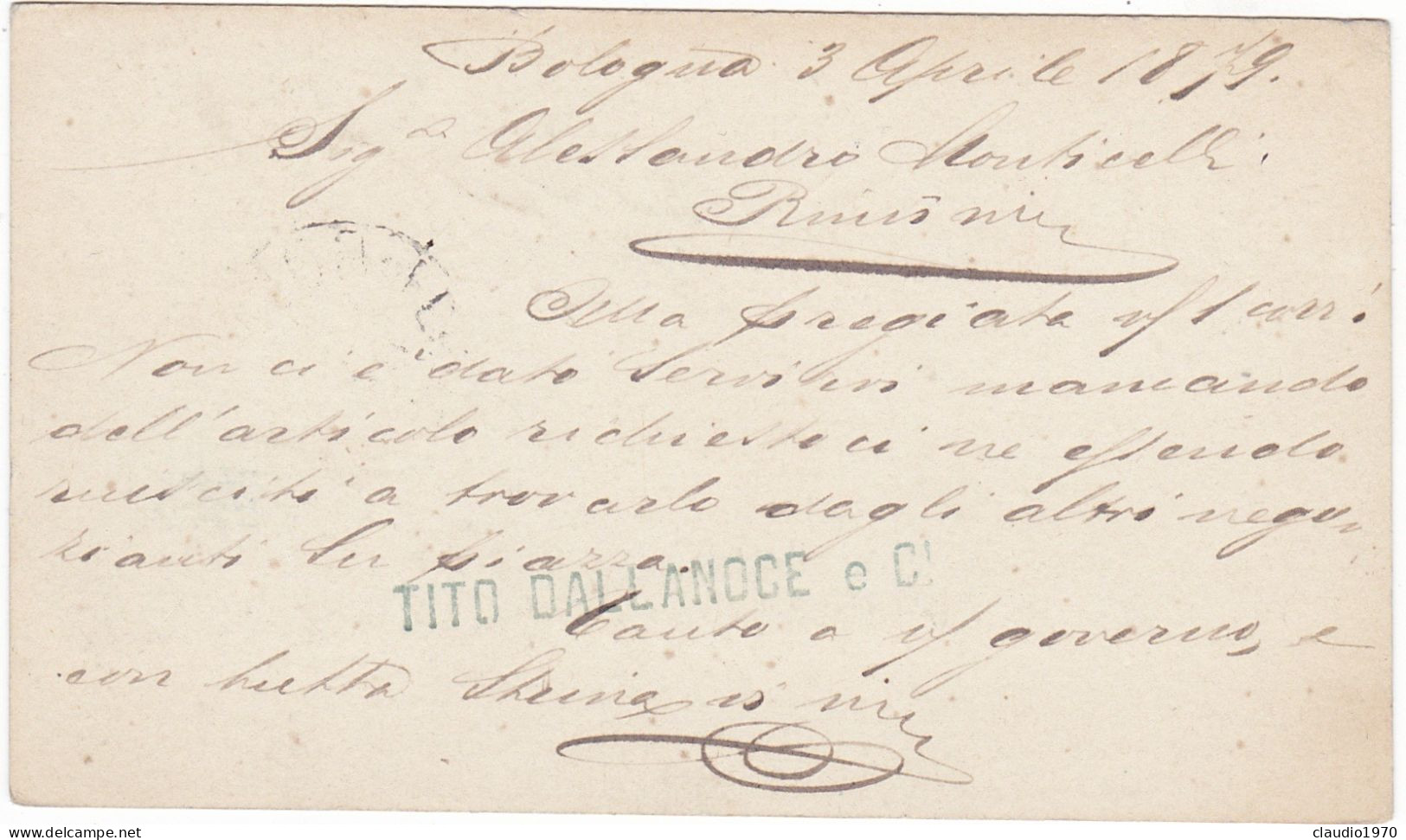 ITALIA - REGNO - BOLOGNA - CARTOLINA POSTALE  C. 10 EFFIGIE REALE - VG PER RIMINI - 1879 - Entero Postal