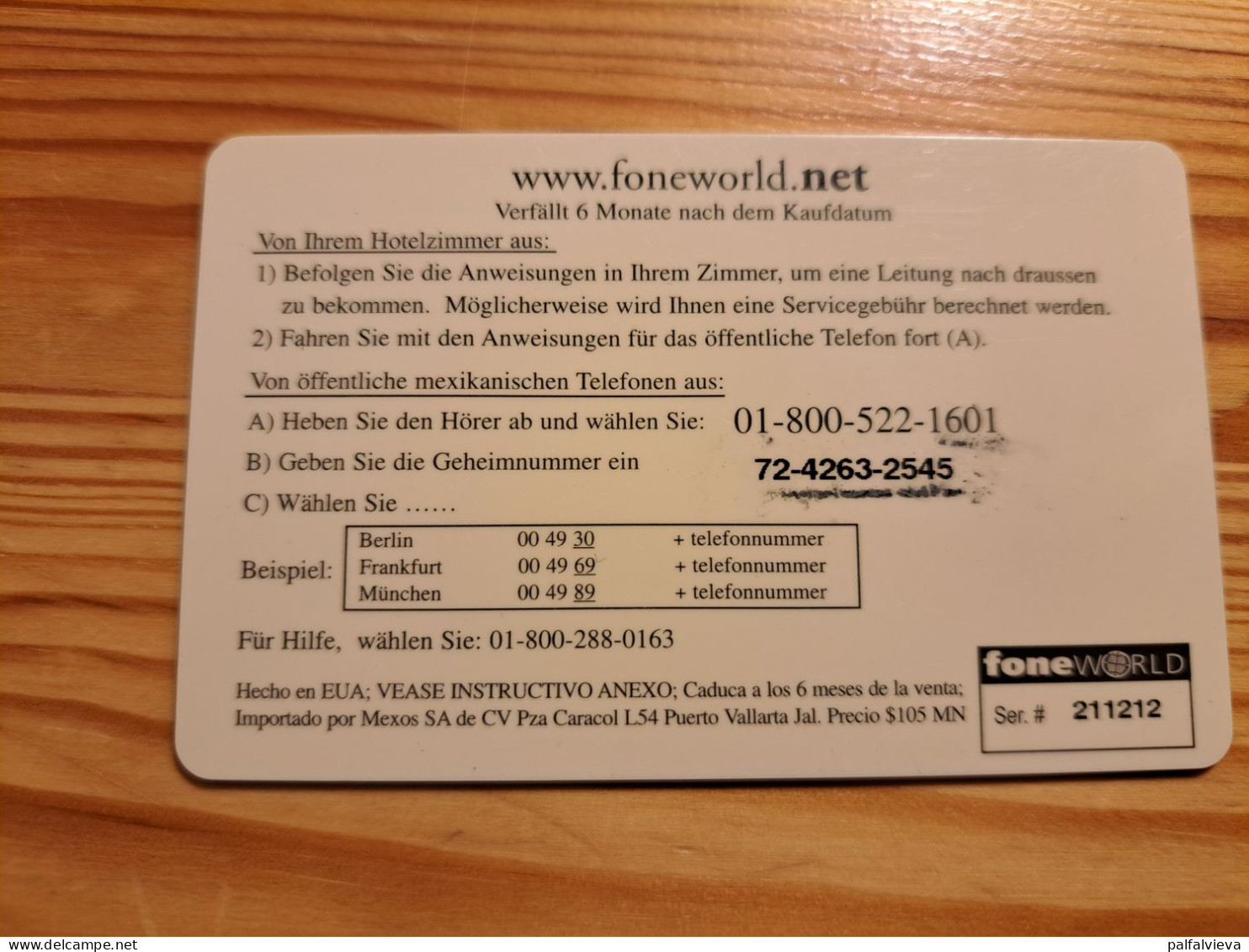 Prepaid Phonecard Mexico, Fone World - Flag, Germany - Mexique