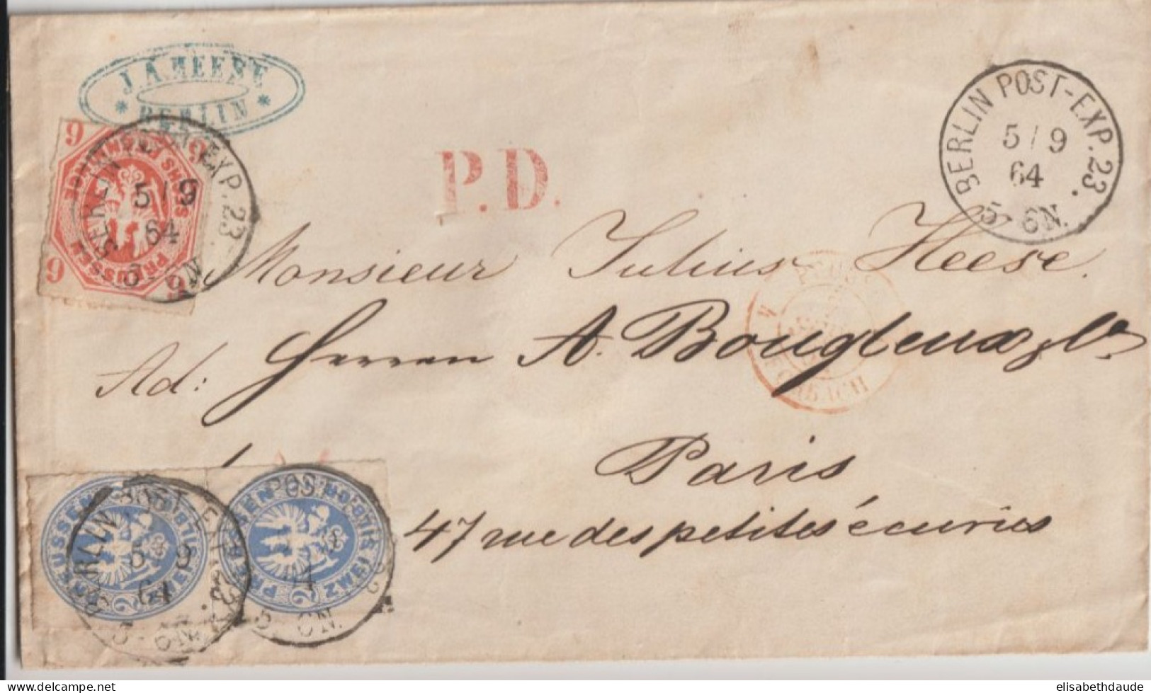 1864 - PRUSSE - ENVELOPPE De BERLIN POST-EXP.23 => PARIS - Brieven En Documenten