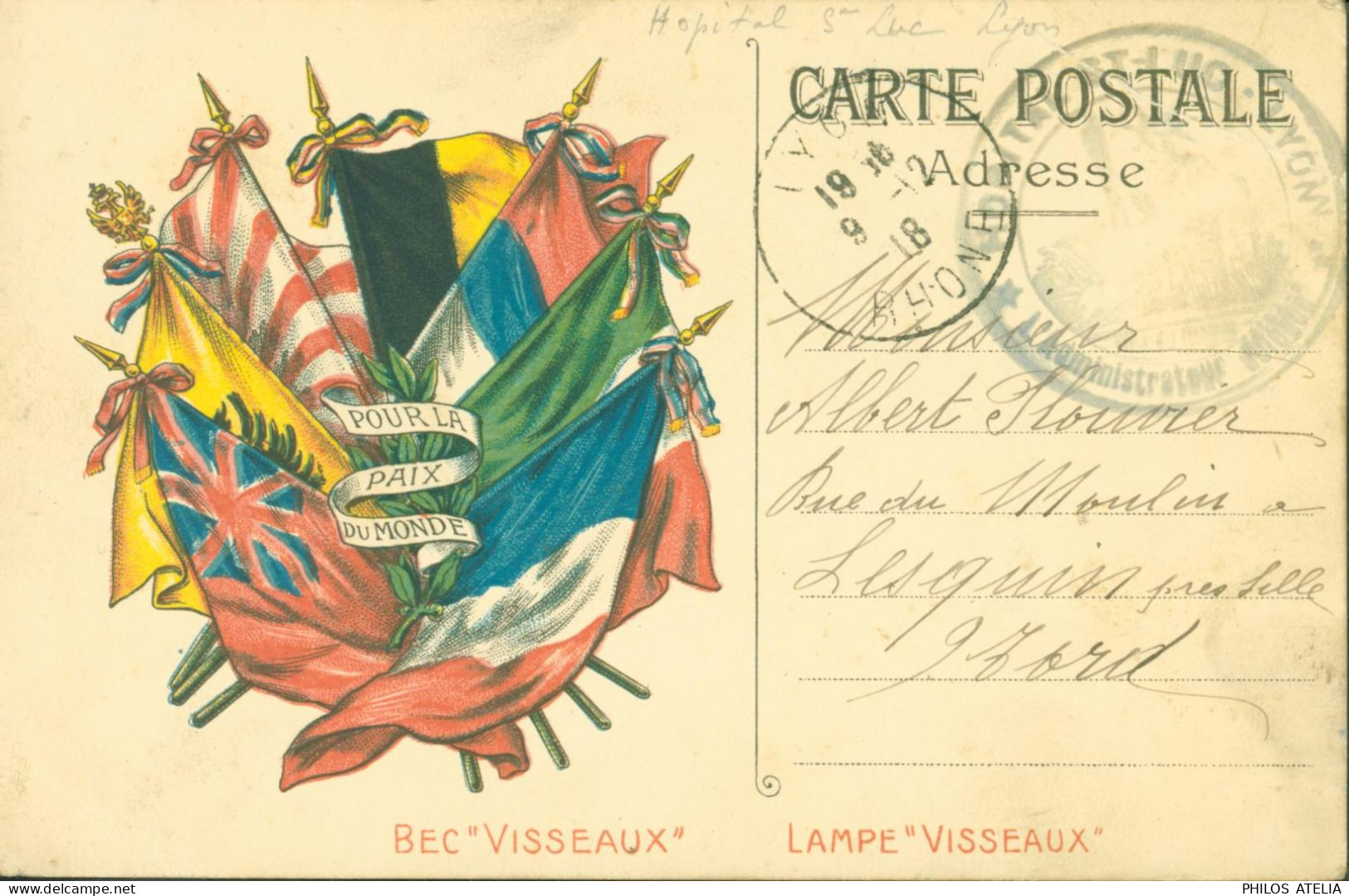 Guerre 14 Carte Franchise Militaire CP FM Drapeaux Alliés Pour La Paix Du Monde Publicité Bec Visseaux Lampe - Guerra De 1914-18