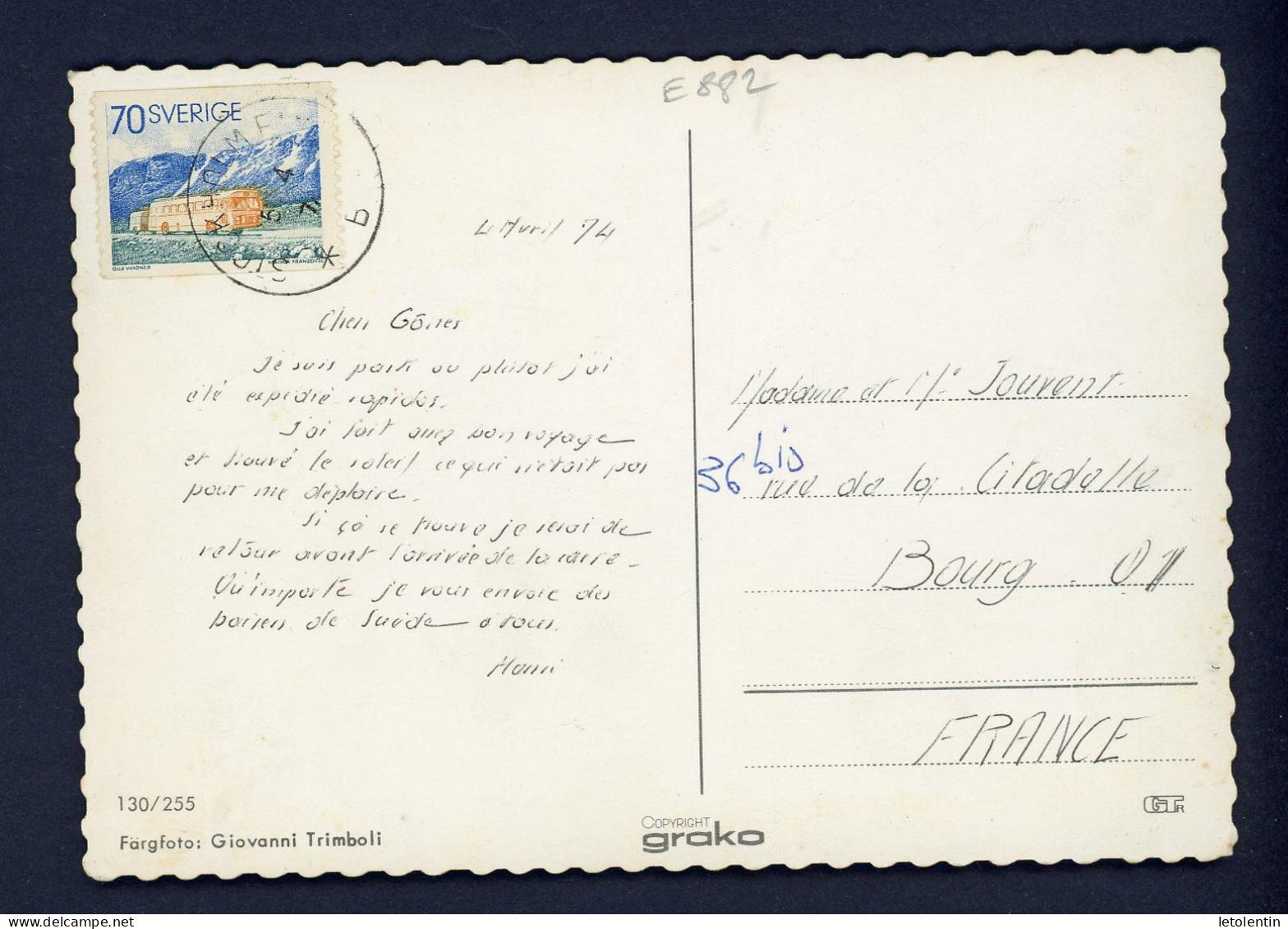 SUÈDE -    - N° Yt 770 SUR CARTE POSTALE Obli. DE 1974 POUR LA FRANCE - Cartas & Documentos