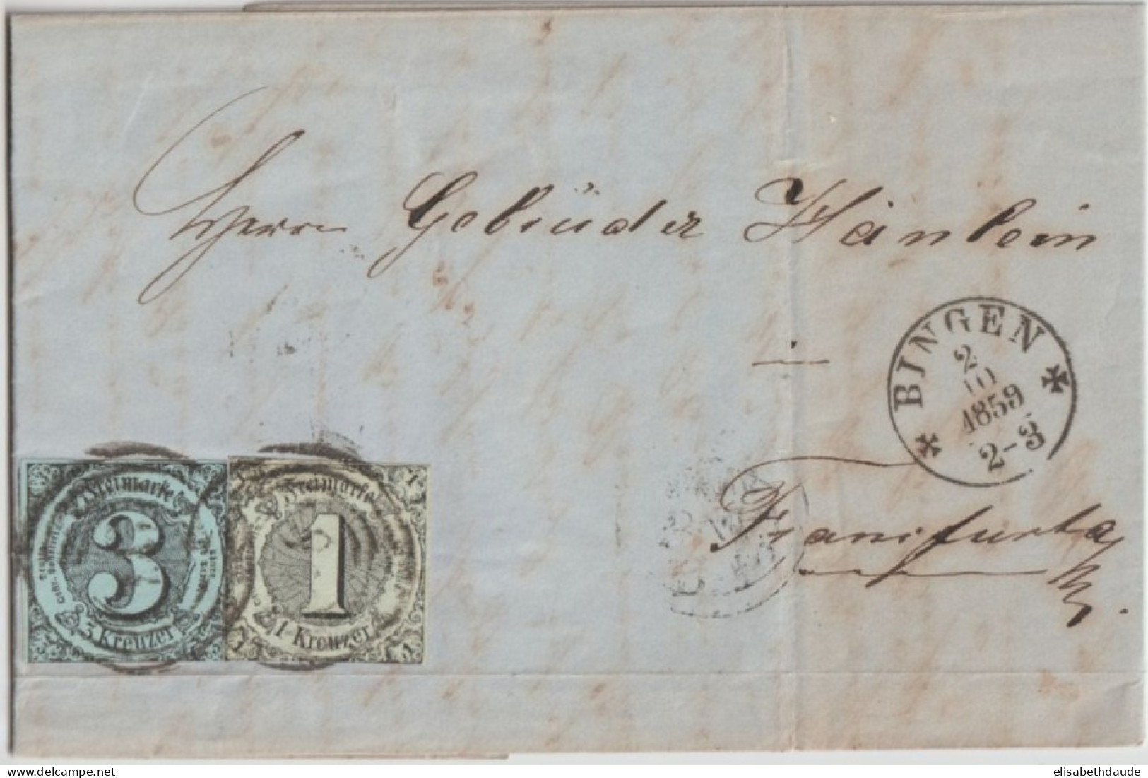 1859 - THURN UND TAXIS - LETTRE De BINGEN => FRANKFURT - Covers & Documents
