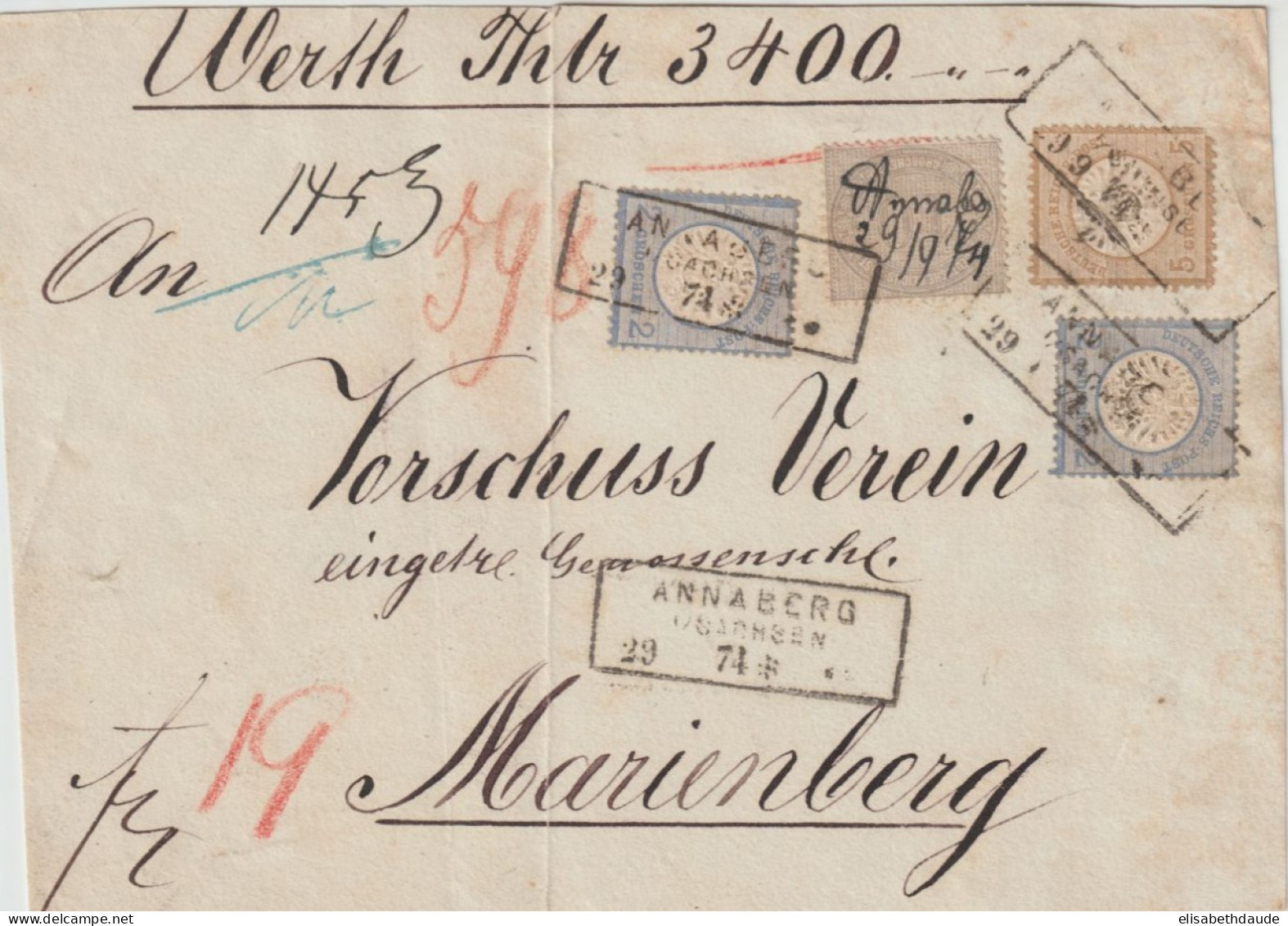 1874 - REICH - RARE DEVANT DE LETTRE CHARGEE ! De ANNABERG => MARIENBERG - Briefe U. Dokumente