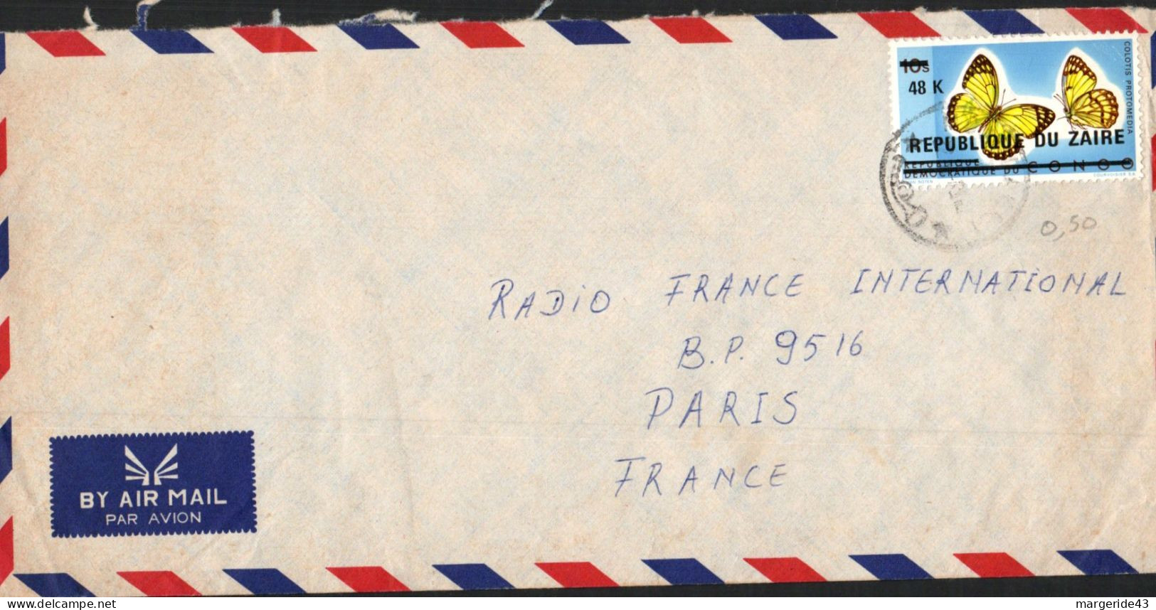 ZAIRE SEUL SUR LETTRE POUR LA FRANCE 1978 - Briefe U. Dokumente