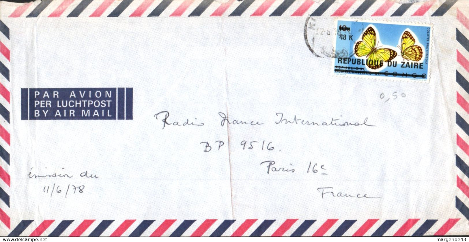 ZAIRE SEUL SUR LETTRE POUR LA FRANCE 1978 - Covers & Documents