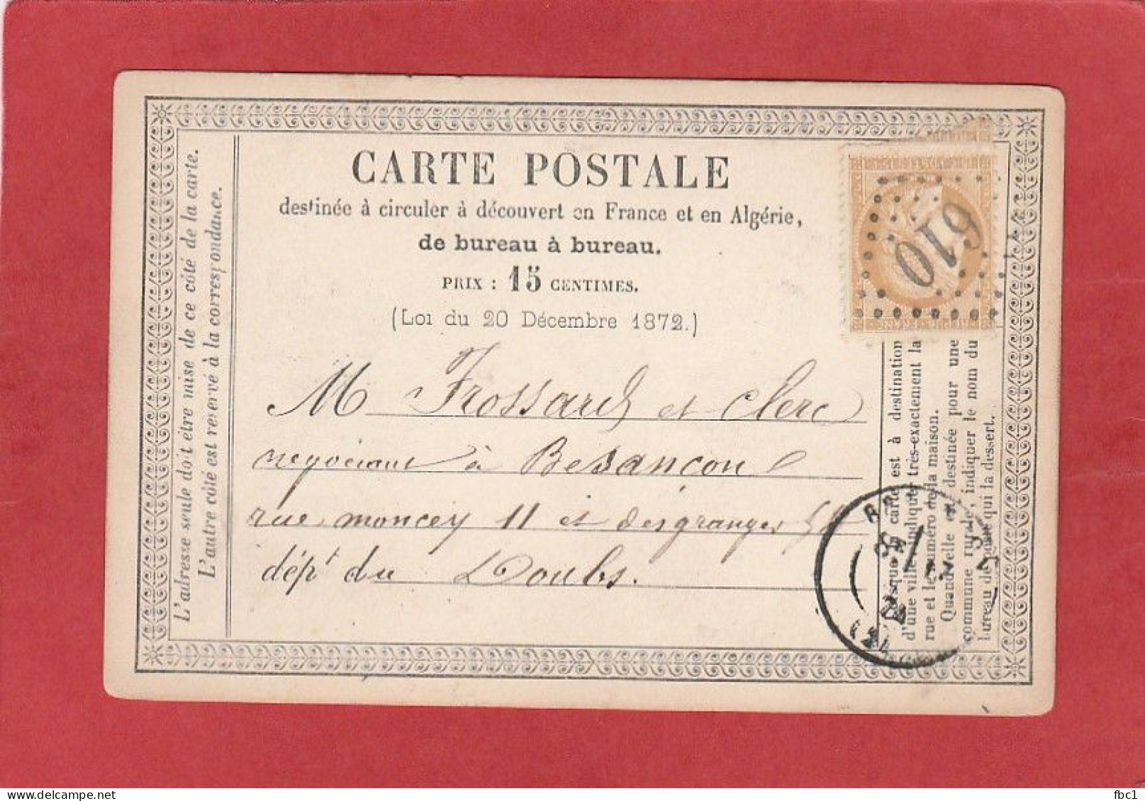 Carte Postale - Deux Sèvres - Bressuire GC 610 Sur Cérès N°55 15C Vers Besançon 1874 - Vorläufer