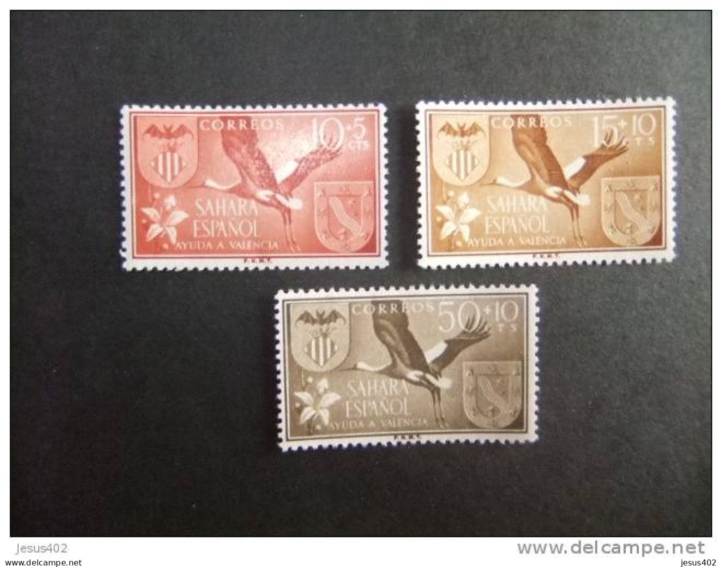 SAHARA ESPAÑOL Año 1958  FAUNA   CIGUEÑA  Edifil Nº 153 / 155 ** Yvert Nº 133 -135 MNH AYUDA A VALENCIA - Flamingo's