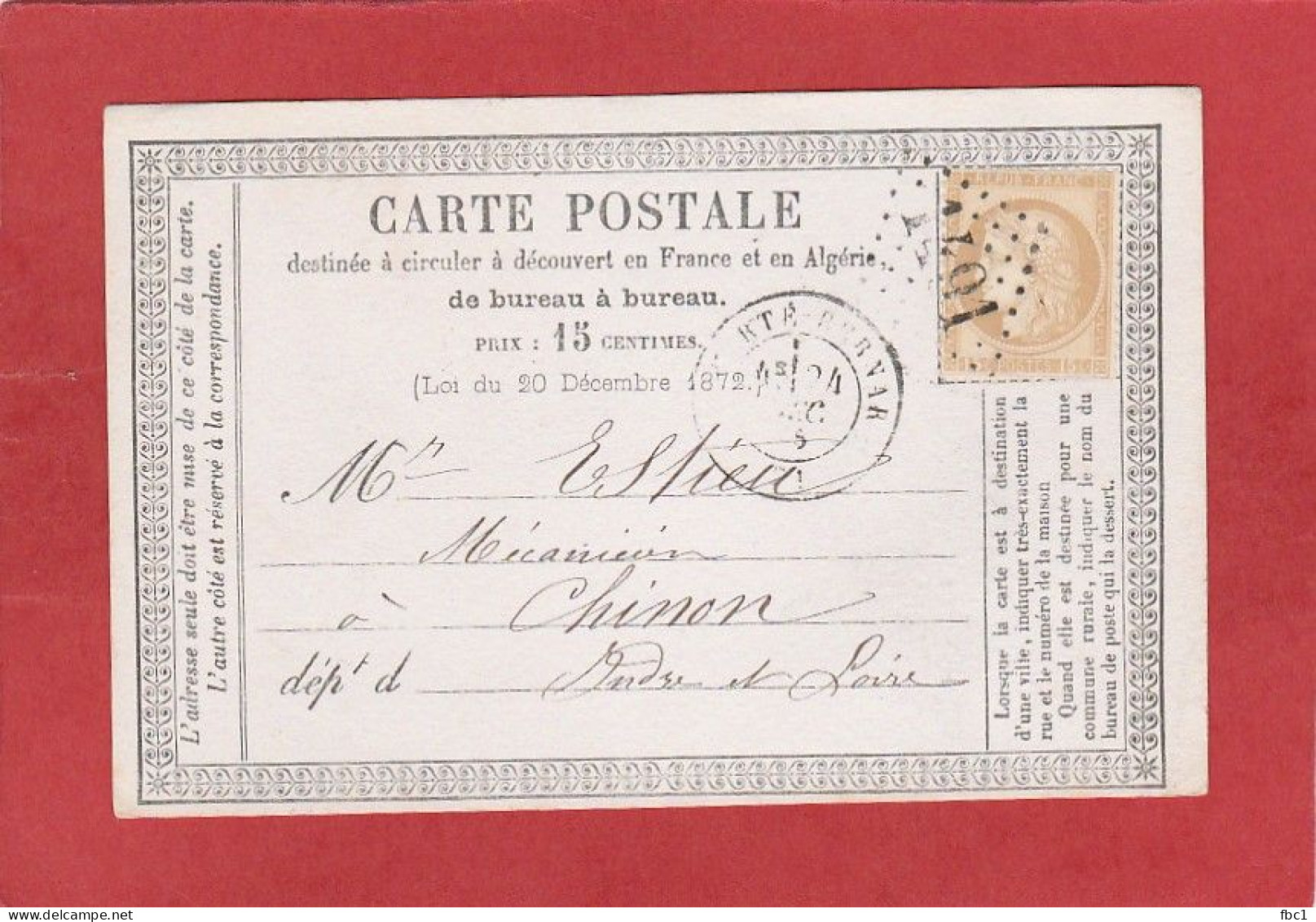 Carte Postale -Sarthe La Ferté Bernard GC 1491 Sur Cérès N°55 15C Vers Chinon 1875 - Vorläufer