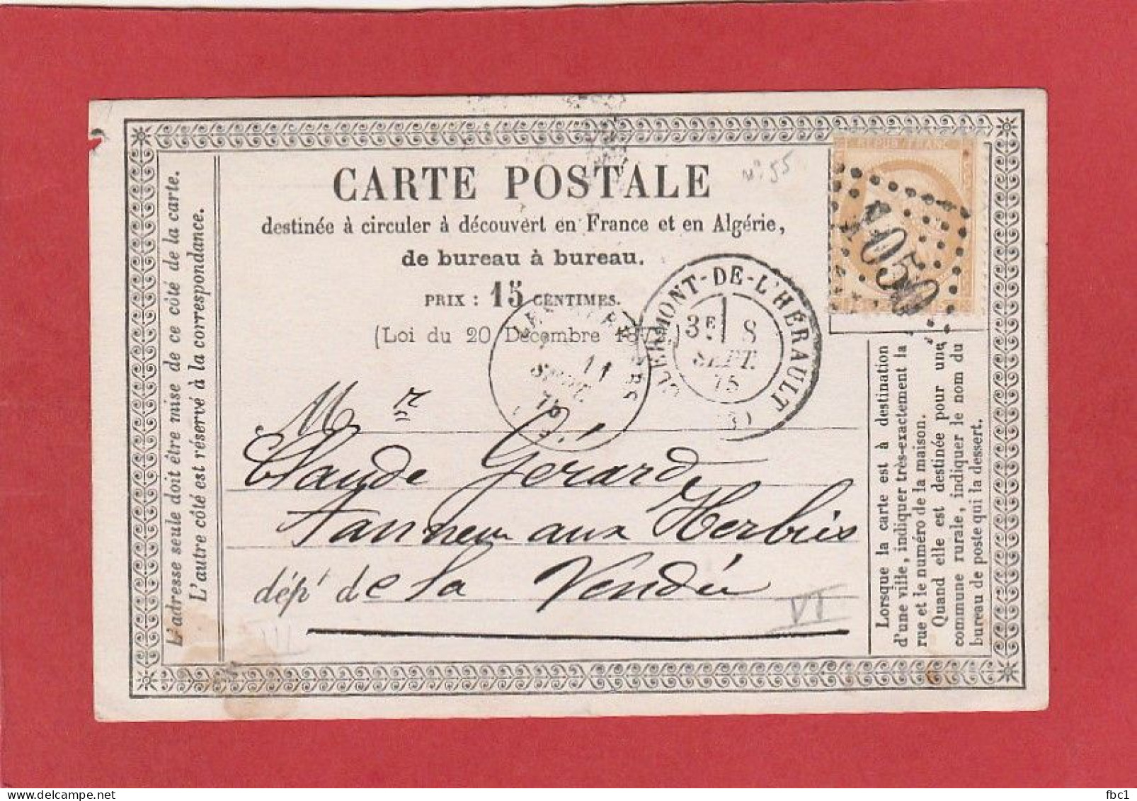 Carte Postale -Clermont De L'Hérault GC 1050 Sur Cérès N°55 15C Vers Les Herbiers 1875 - Vorläufer