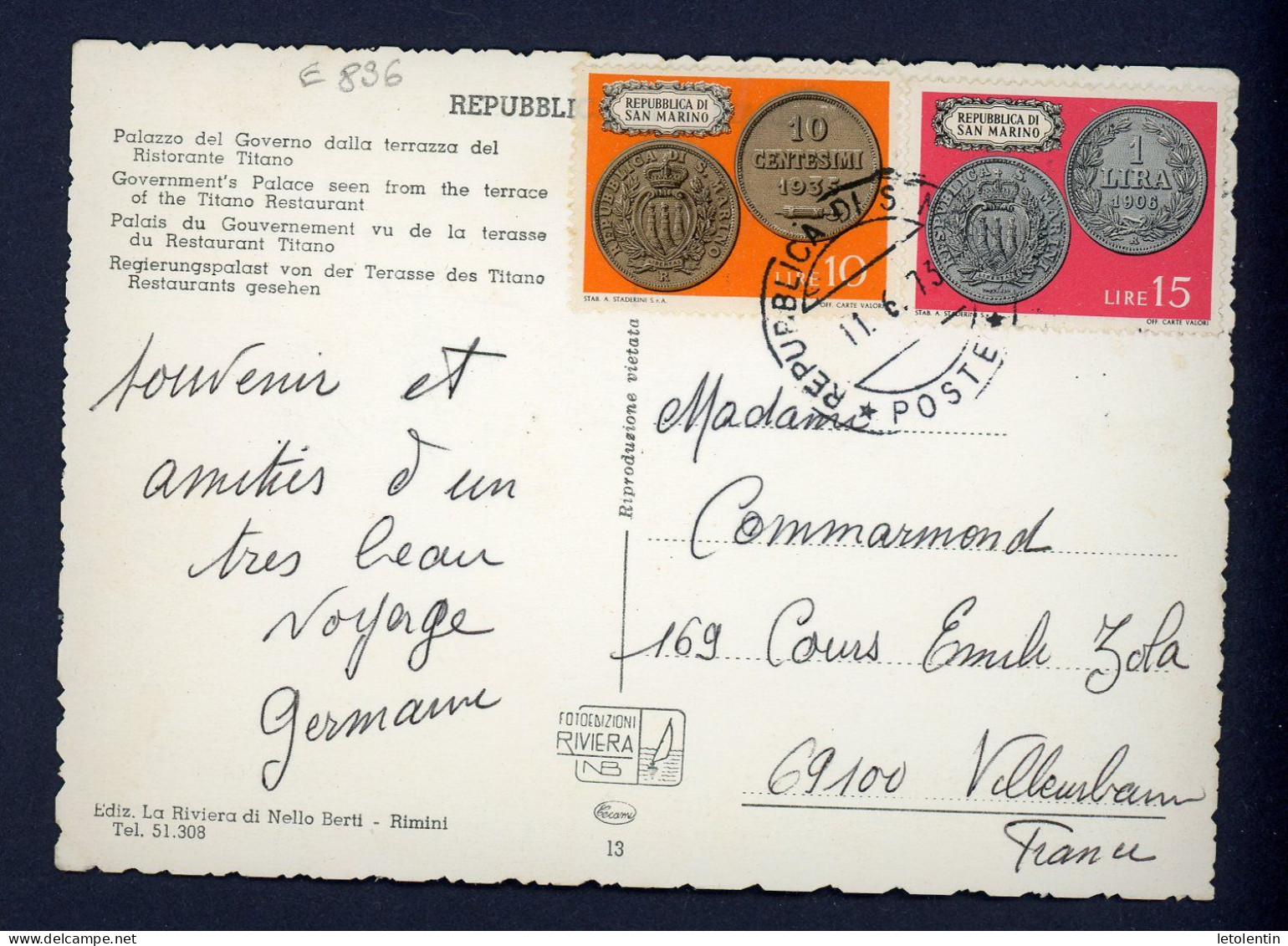 SAINT MARIN -      N° Yt (VOIR SCAN) Obli. SUR CARTE POSTALE POUR LA FRANCE - Cartas & Documentos