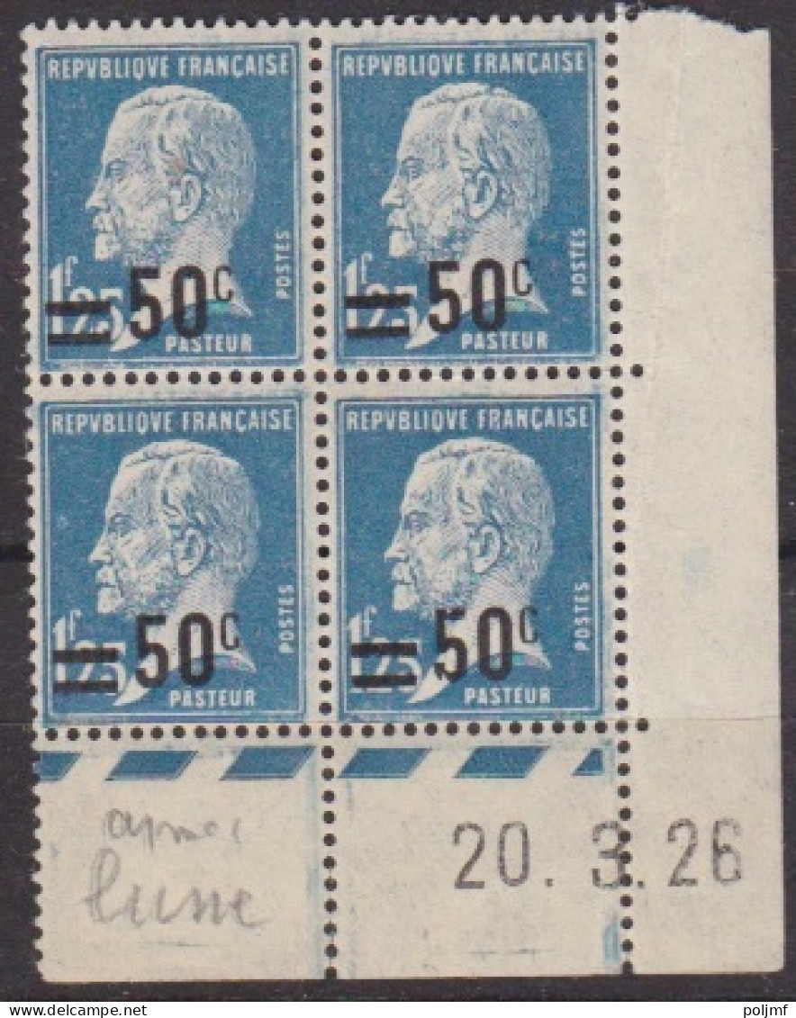 C Bloc De 4 Coin Daté 20.3.26 TP N° 222 Pasteur 50c Sur 1f25 Bleu, Petit Anneau De Lune, Neuf ** - Neufs