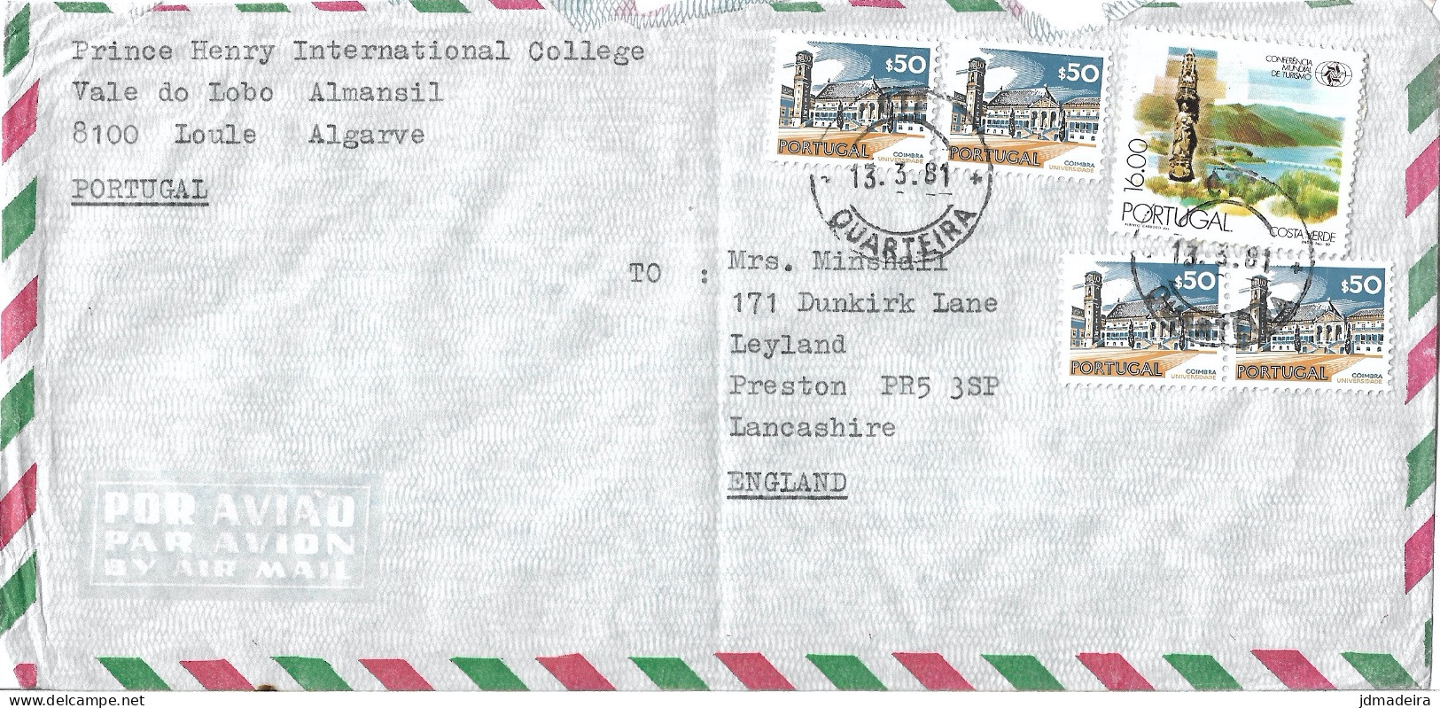 Portugal Prince Henry International College Cover To England QUARTEIRA Cancel - Briefe U. Dokumente