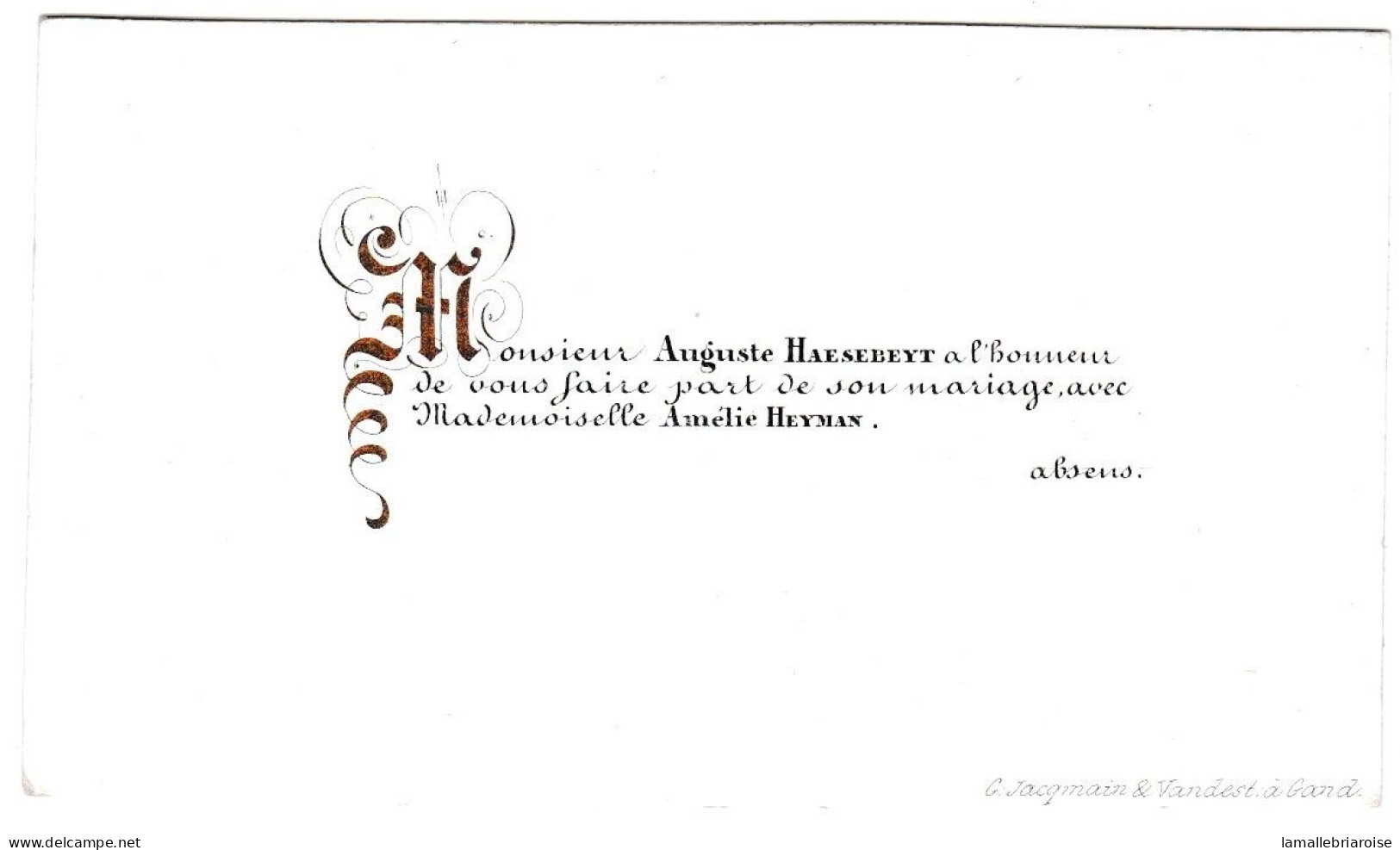 Belgique "Carte Porcelaine"  Porseleinkaart, Faire Part De Mariage, Haesebeyt Heyman, Lith Gand, Dim:98x57mm - Porzellan