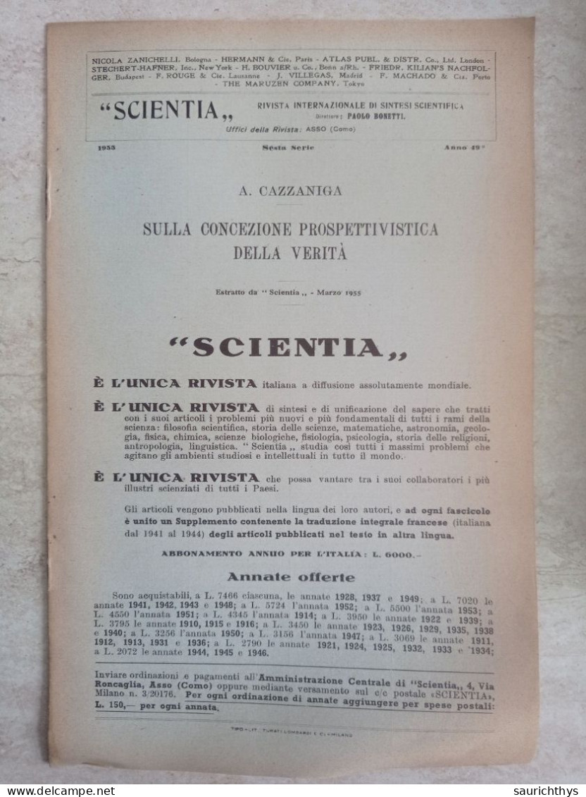 Antonio Cazzaniga Sulla Concezione Prospettivistica Della Verità Estratto Da Scientia 1955 - Textos Científicos