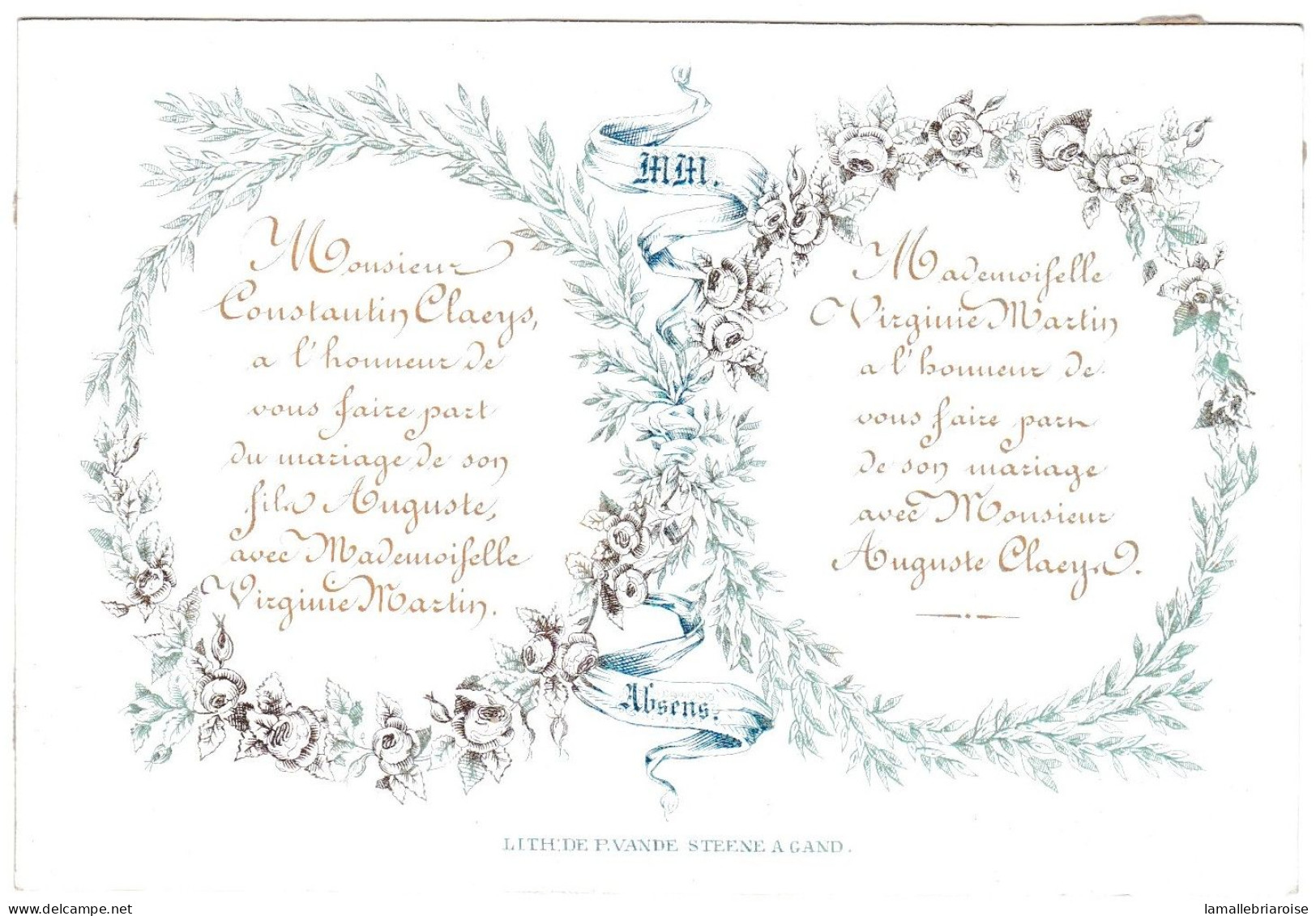 Belgique "Carte Porcelaine"  Porseleinkaart, Faire Part De Mariage, Claeys Martin, Lith Gand, Dim:120x82mm - Cartoline Porcellana