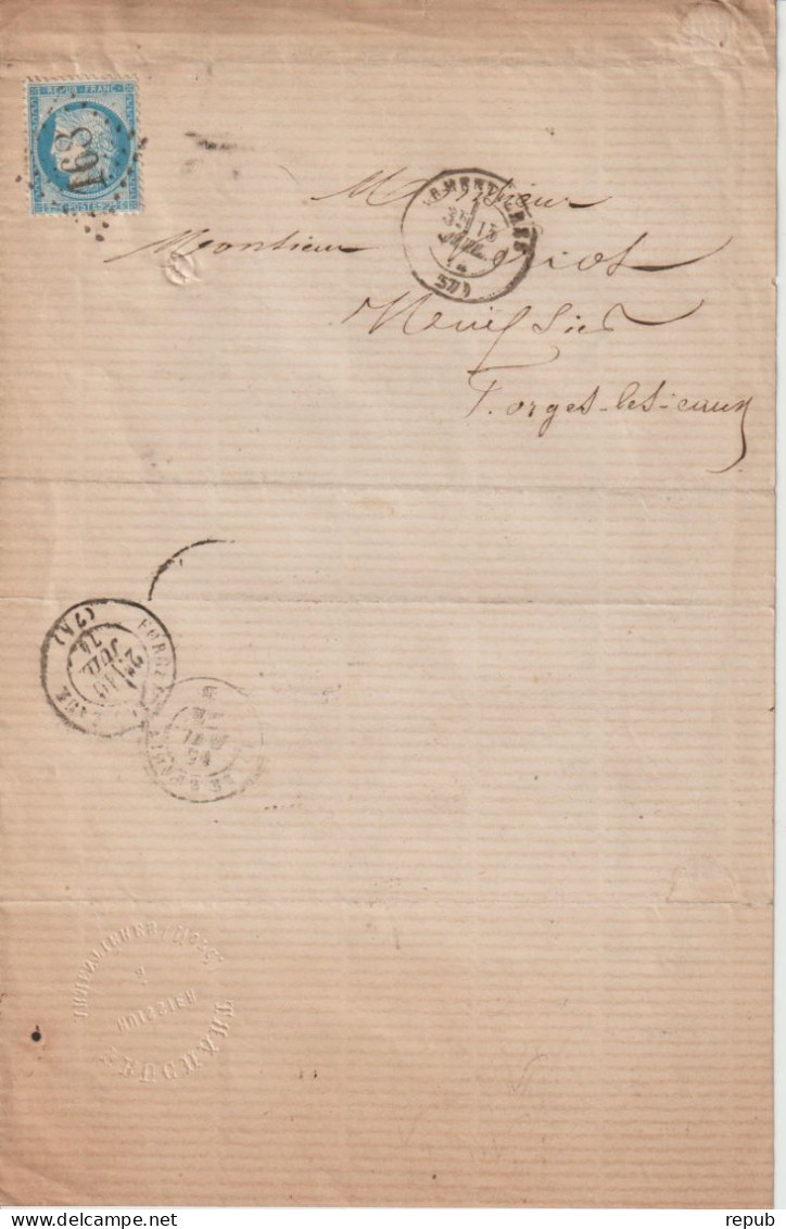 France Lettre 1874 D'Armentières GC169 Pour Forges (76) - 1849-1876: Classic Period