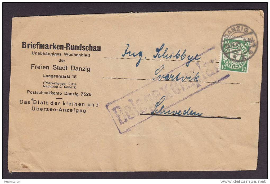 Danzig BRIEFMARKEN-RUNDSCHAU Blatt Der Kleinen Und Übersee-Anzeigen BELEGEXEMPLAR Umschlag 1924 To SVARTVIK Schweden - Lettres & Documents