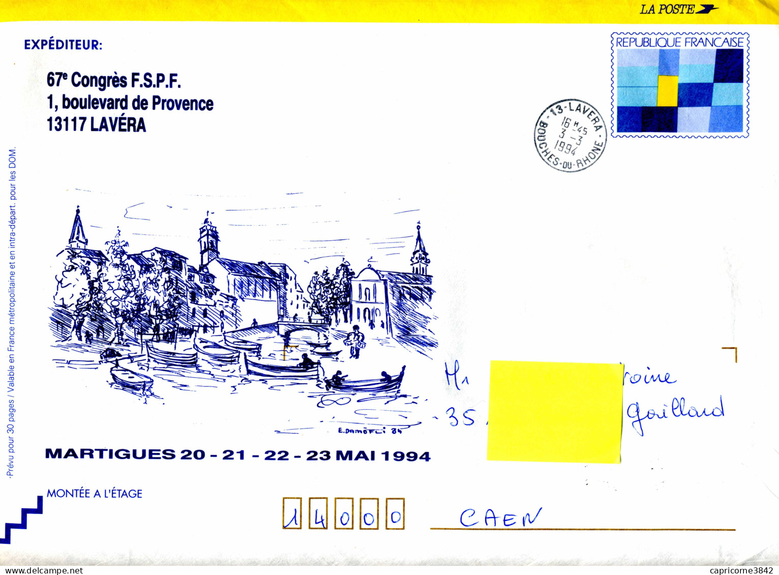 1 Enveloppe Entier Postal   DISTINGO - Format 32,5x23 - Repiquage CONGRES DE MARTIGUES 1994 - PAP: Private Aufdrucke