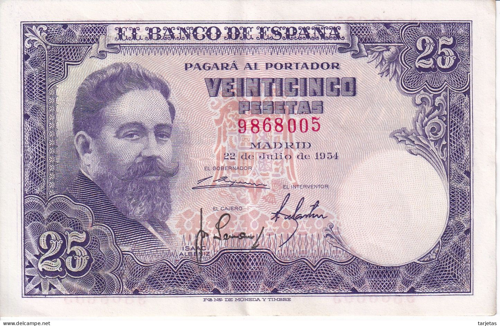 BILLETE DE ESPAÑA DE 25 PTAS DEL AÑO 1954 SIN SERIE CALIDAD EBC (XF) (BANKNOTE) - 25 Pesetas