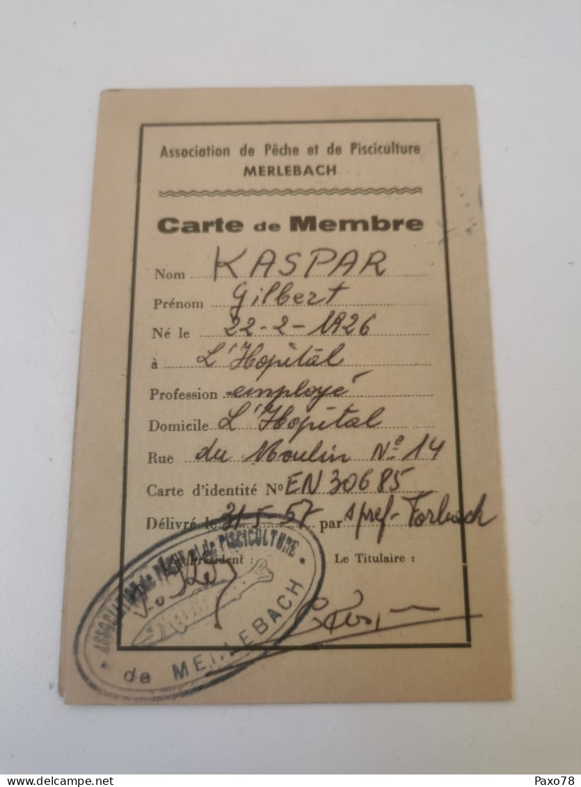 Carte De Membre, Association De Pêche Et De Pisciculture Merlebach 1957. Timbres Taxe Piscicole - 1859-1959 Afgestempeld