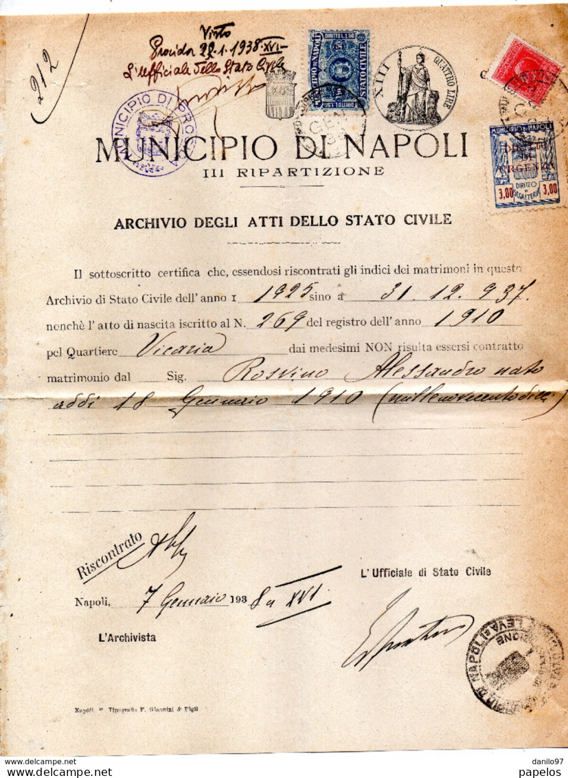 1938 CERTIFICATO COMUNALE NAPOLI  CON MARCHE COMUNALI - Erinnophilie