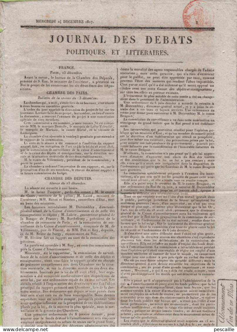 JOURNAL DES DEBATS 24 12 1817 - PROJET DE LOI SUR LA PRESSE - CAISSE D'AMORTISSEMENT - - 1800 - 1849