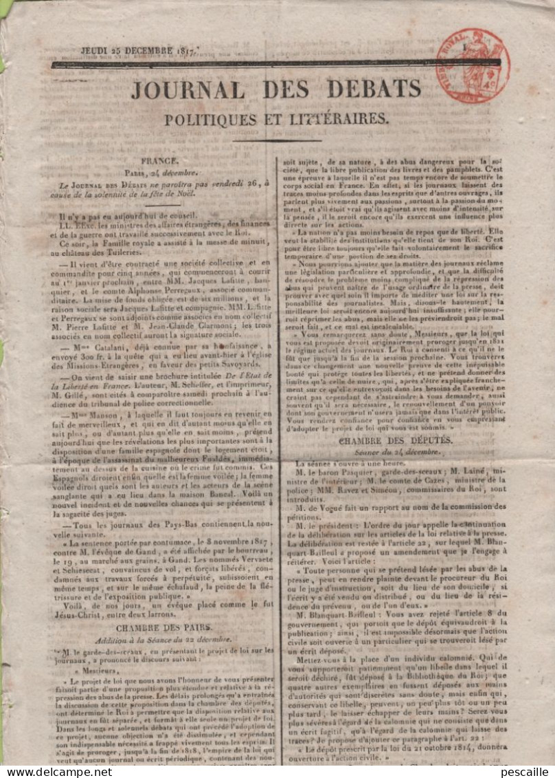 JOURNAL DES DEBATS 25 12 1817 - GAND - LOI SUR LES JOURNAUX / PRESSE - - 1800 - 1849