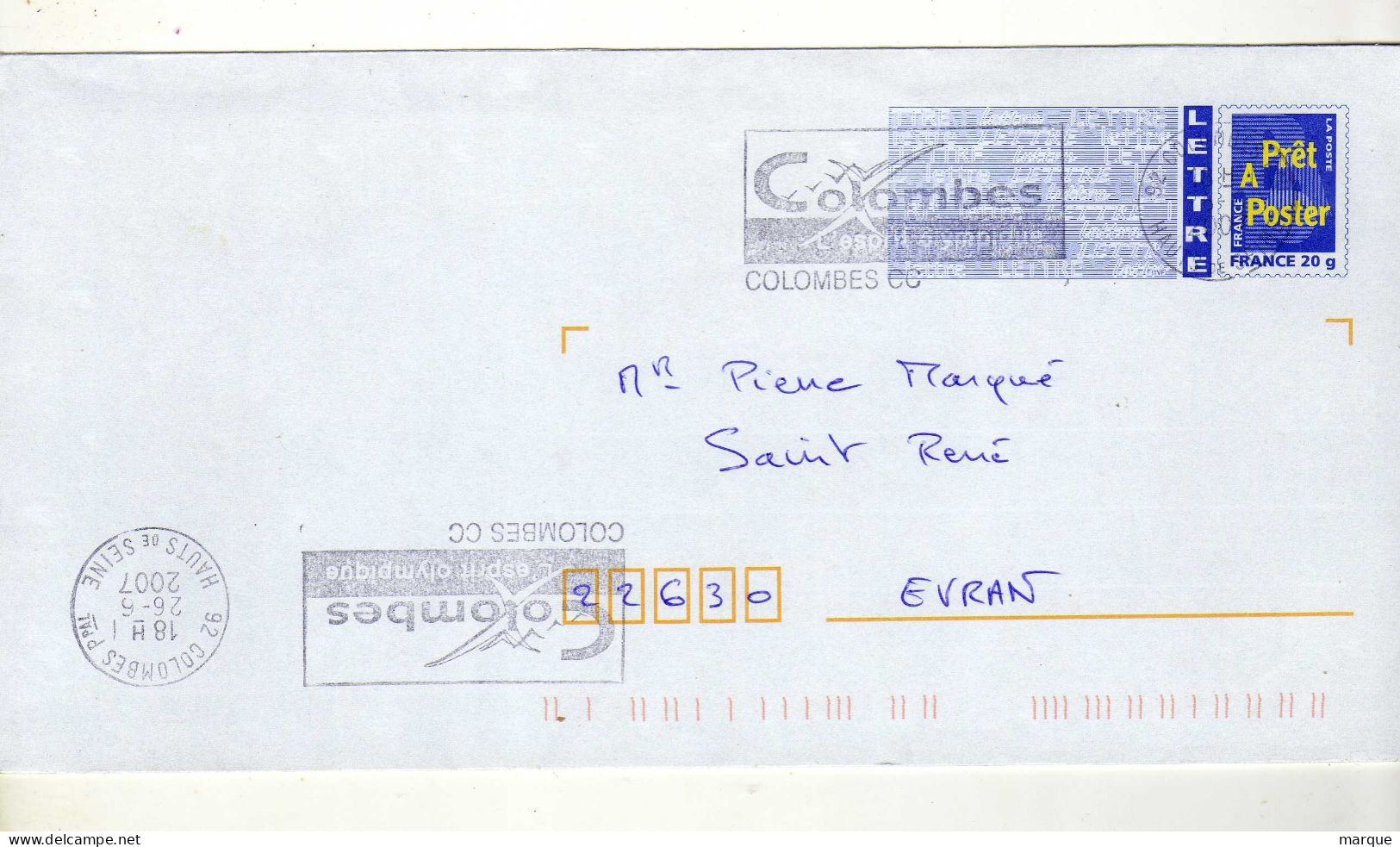 Enveloppe FRANCE Prêt à Poster Lettre 20g Oblitération COLOMBES CC 26/06/2007 - PAP : Bijwerking /Logo Bleu